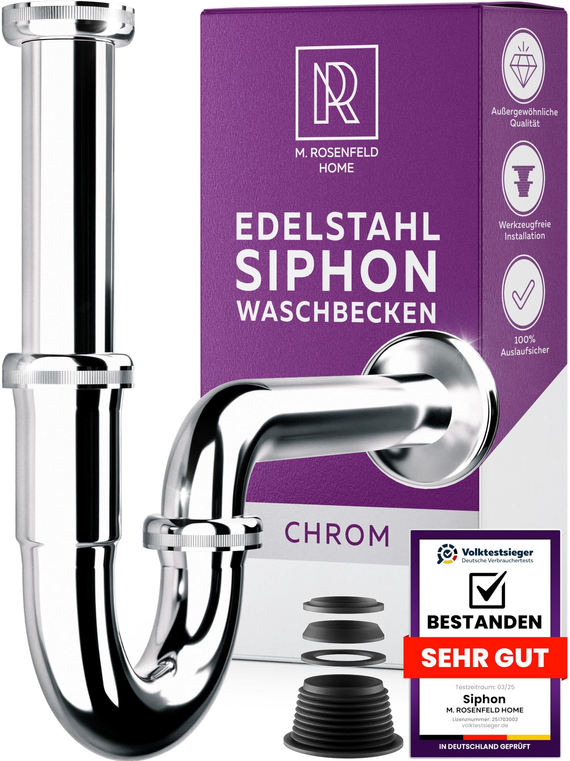 M. ROSENFELD HOME Siphon Waschbecken – Edelstahl Abflussrohr Waschbecken Tauchrohr 4-8,5cm – Geruchsverschluss – Röhrensiphon 1 1/4" – Komplettset mit Dichtungen & Rosette 1 Stk Größe S - Edelstahl Chrom Siphon Angebot bei HelloDeals