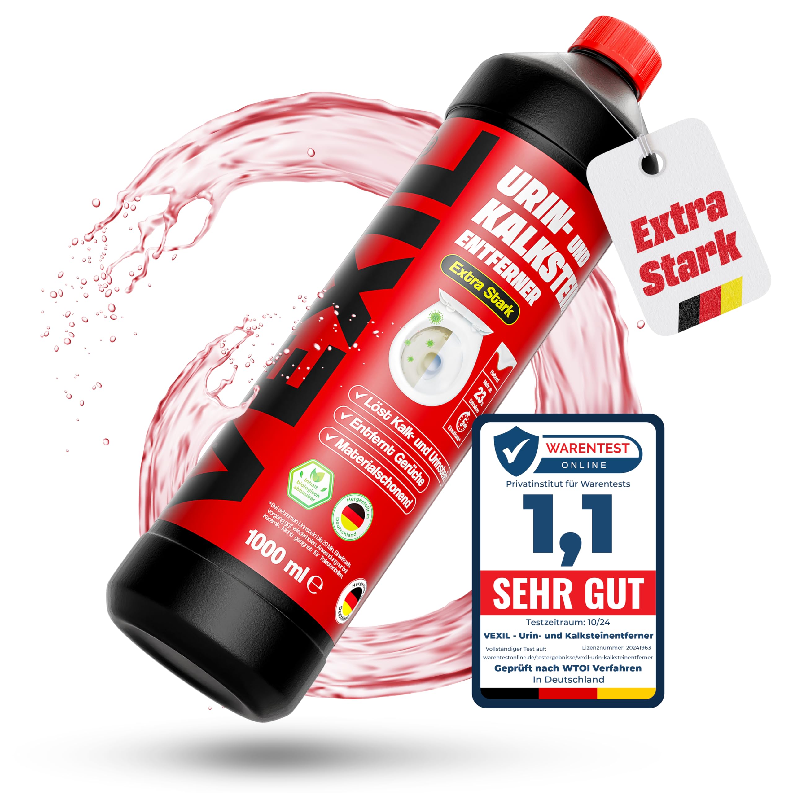 VEXIL® Urinsteinentferner EXTRA STARK - 1000 ml - entfernt mühelos hartnäckigen Urin- & Kalkstein - Profi WC-Reiniger - biologisch abbaubar - Urinsteinlöser Made in Germany Urinsteinentferner 1er Pack (1000 ml) Angebot bei HelloDeals