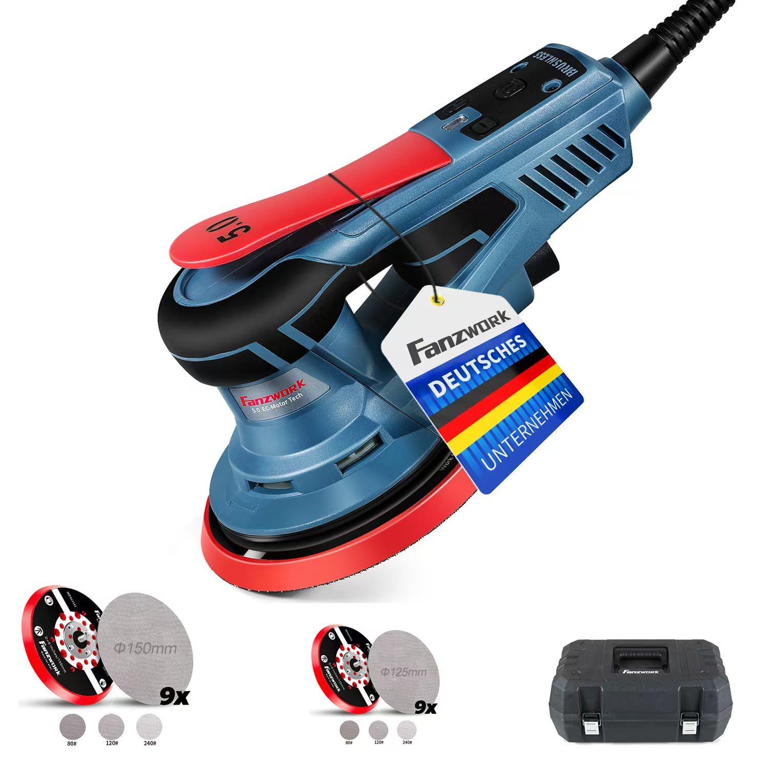 FANZWORK Bürstenloser Exzenterschleifer HG0024,mit 125mm/150mm Schleifteller,5mm Schleifhub, 7-Stufiger Drehzahlregelung bis 10.000 U/min, TELLER-BREMSE, 18x Schleifgitter, Tragkoffer Set mit 150/125mm Teller Angebot bei HelloDeals
