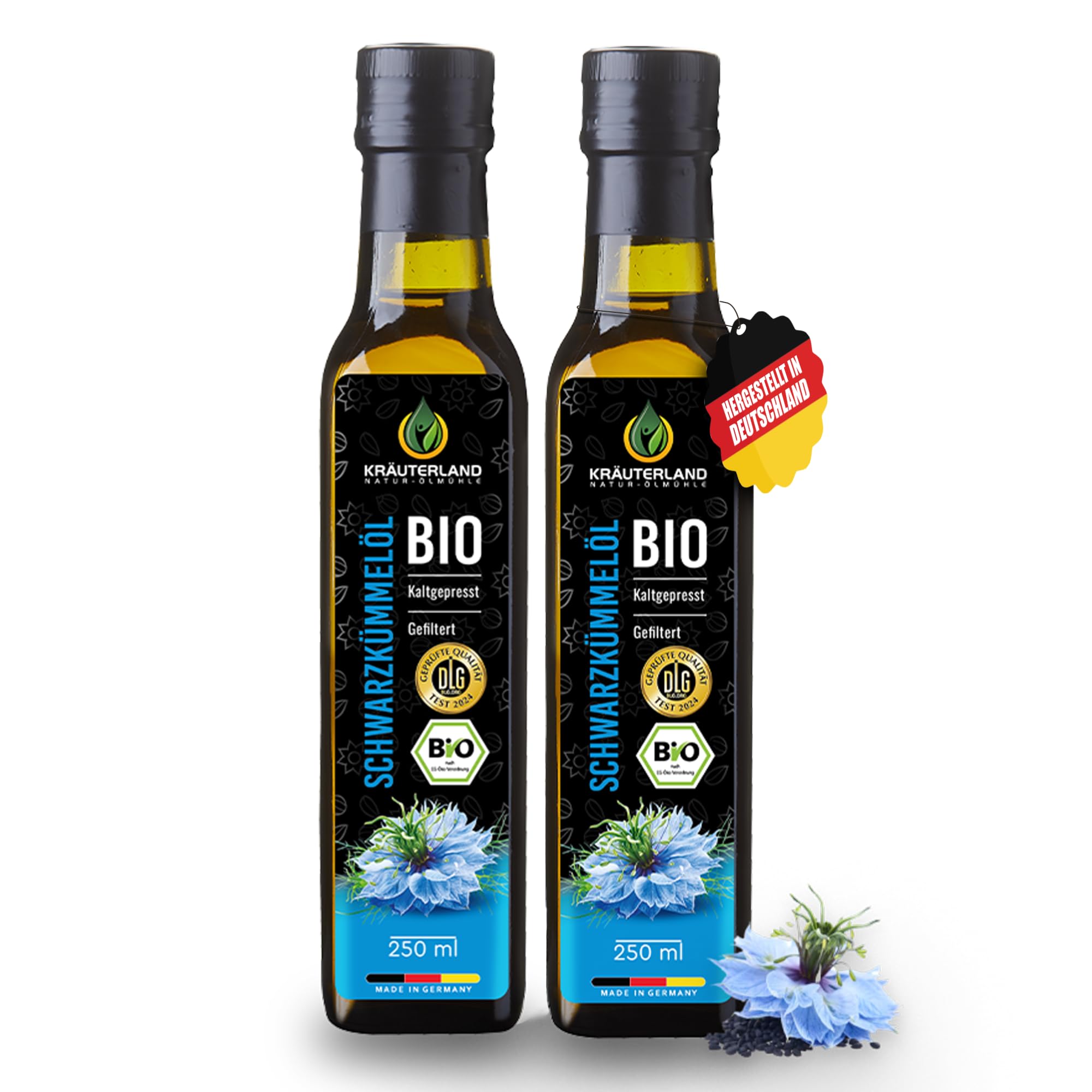 Kräuterland Bio Schwarzkümmelöl 2X250ml (500ml), gefiltert, ohne Zusatzstoffe, hoher Thymochinon, Omega Fettsäuren, kaltgepresst, vegan, mild, mühlenfrisch aus unsrer hessischen Ölmühle 250 ml (2er Pack) Angebot bei HelloDeals