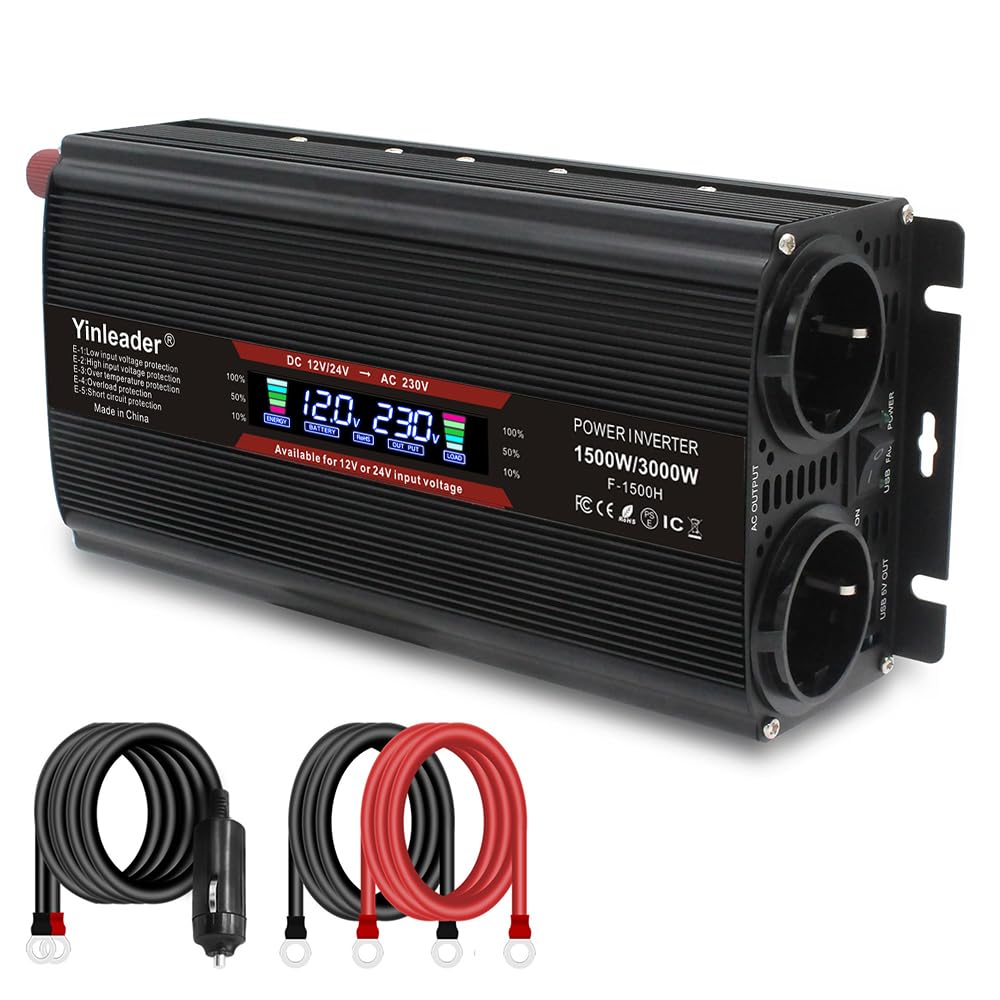 Yinleader 1500W /3000W 12V/24V auf 230V Wechselrichter Big LCD 2 EU Steckdosen 1 USB Spannungswandler mit Zigarettenanzünder Angebot bei HelloDeals