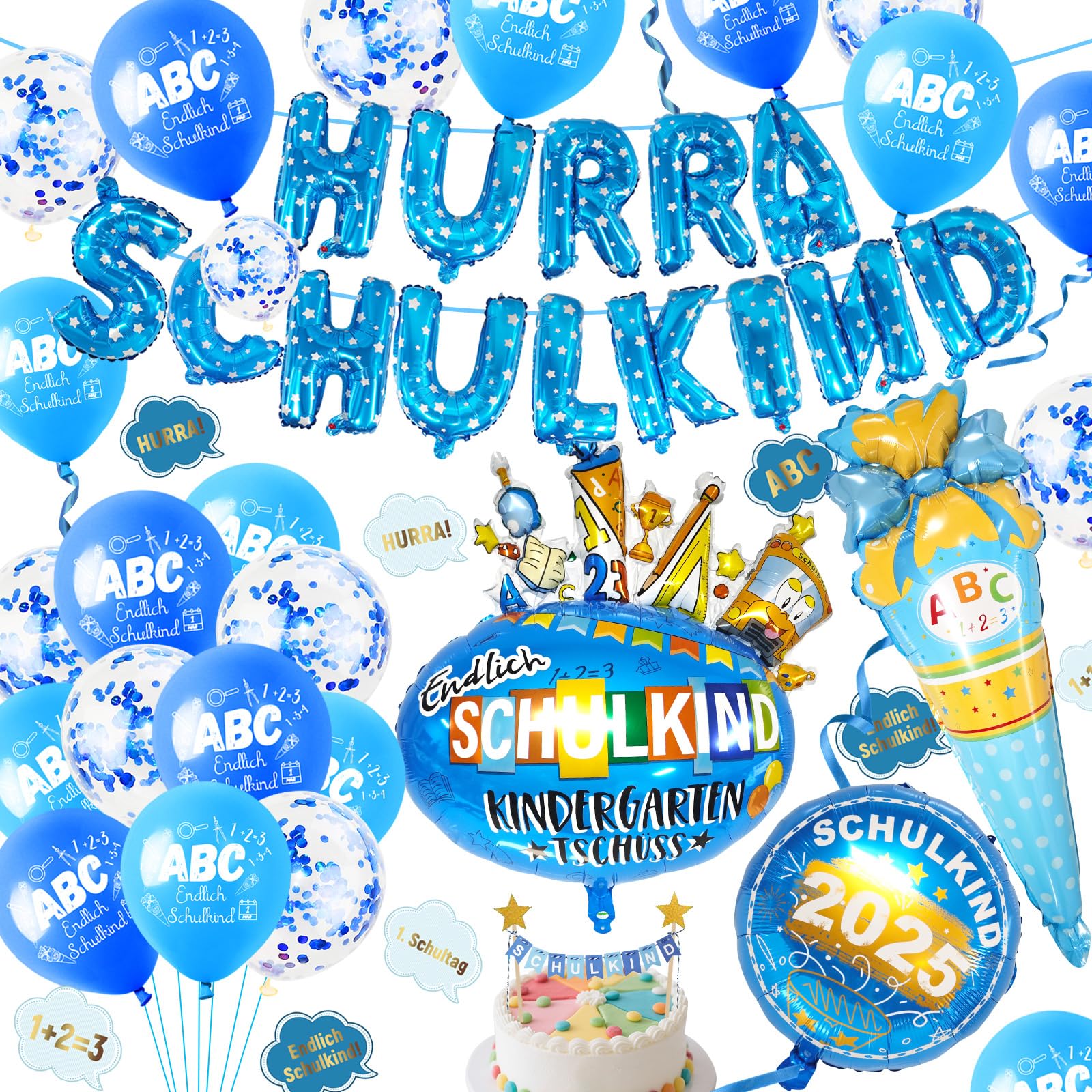Deko Einschulung Junge 2025, Schulanfang Deko mit Zuckertüte Folienballon, SCHULKIND Luftballon, ABC Luftballons, SCHULKIND Banner und SCHULKIND Girlande, Streudeko Einschulung Geschenk Blau Angebot bei HelloDeals