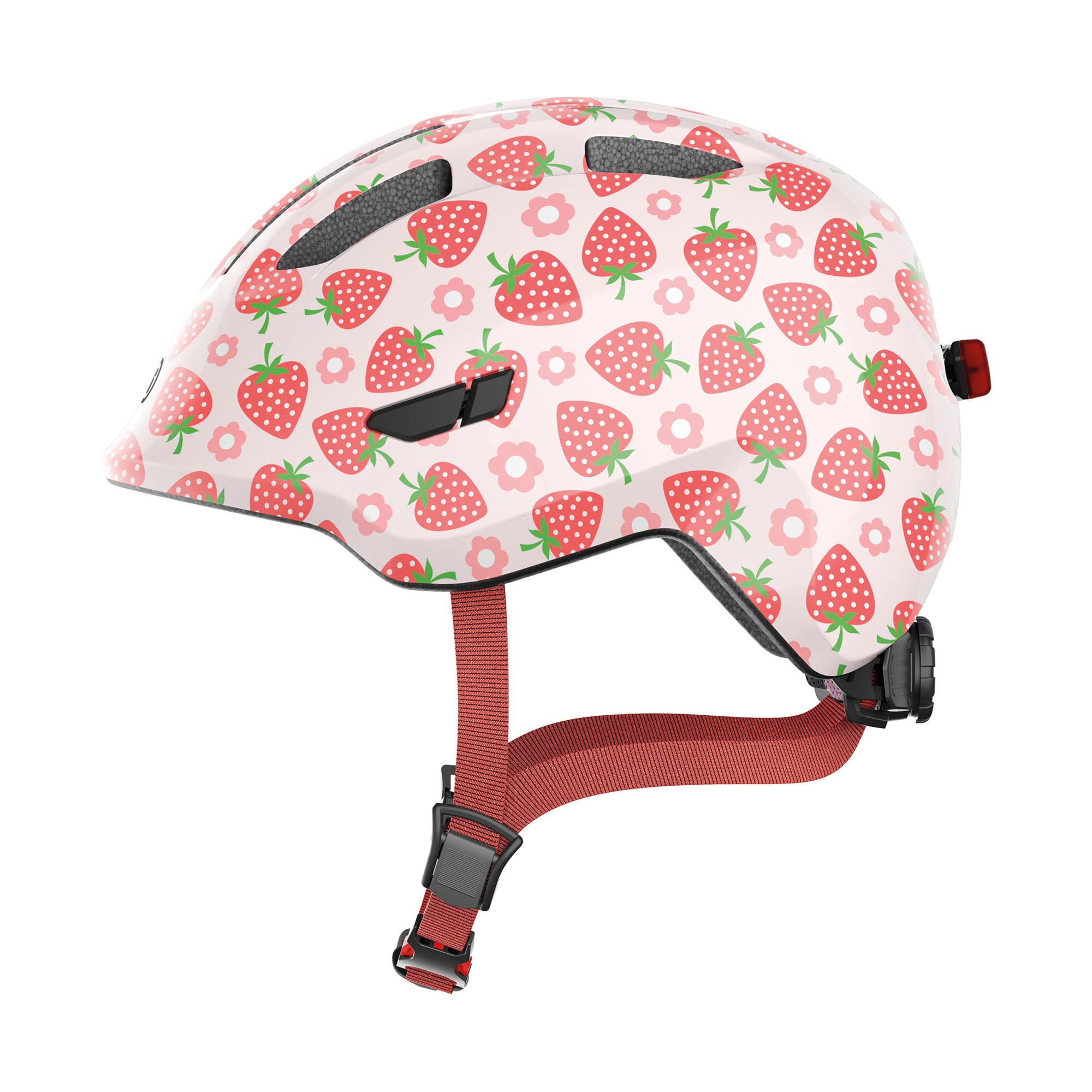ABUS Kinderhelm Smiley 3.0 LED - Fahrradhelm mit Licht - Tiefe Passform & Platz für einen Zopf - für Mädchen und Jungs Rosa (rose strawberry) M (50-55 cm) Angebot bei HelloDeals