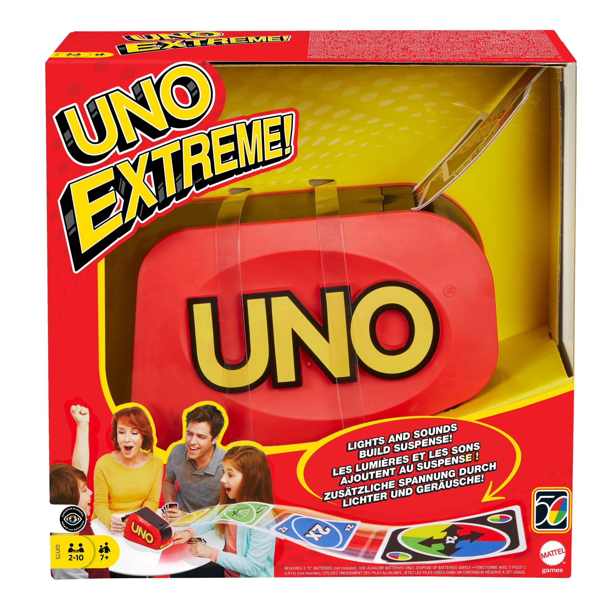 Mattel Games UNO Extreme, UNO Kartenspiel für die Familie, mit Kartenwerfer, Reisespiel oder Spiel für Erwachsene, für 2-10 Spieler, ab 7 Jahren, GXY75 Rot - Uno Extreme Angebot bei HelloDeals