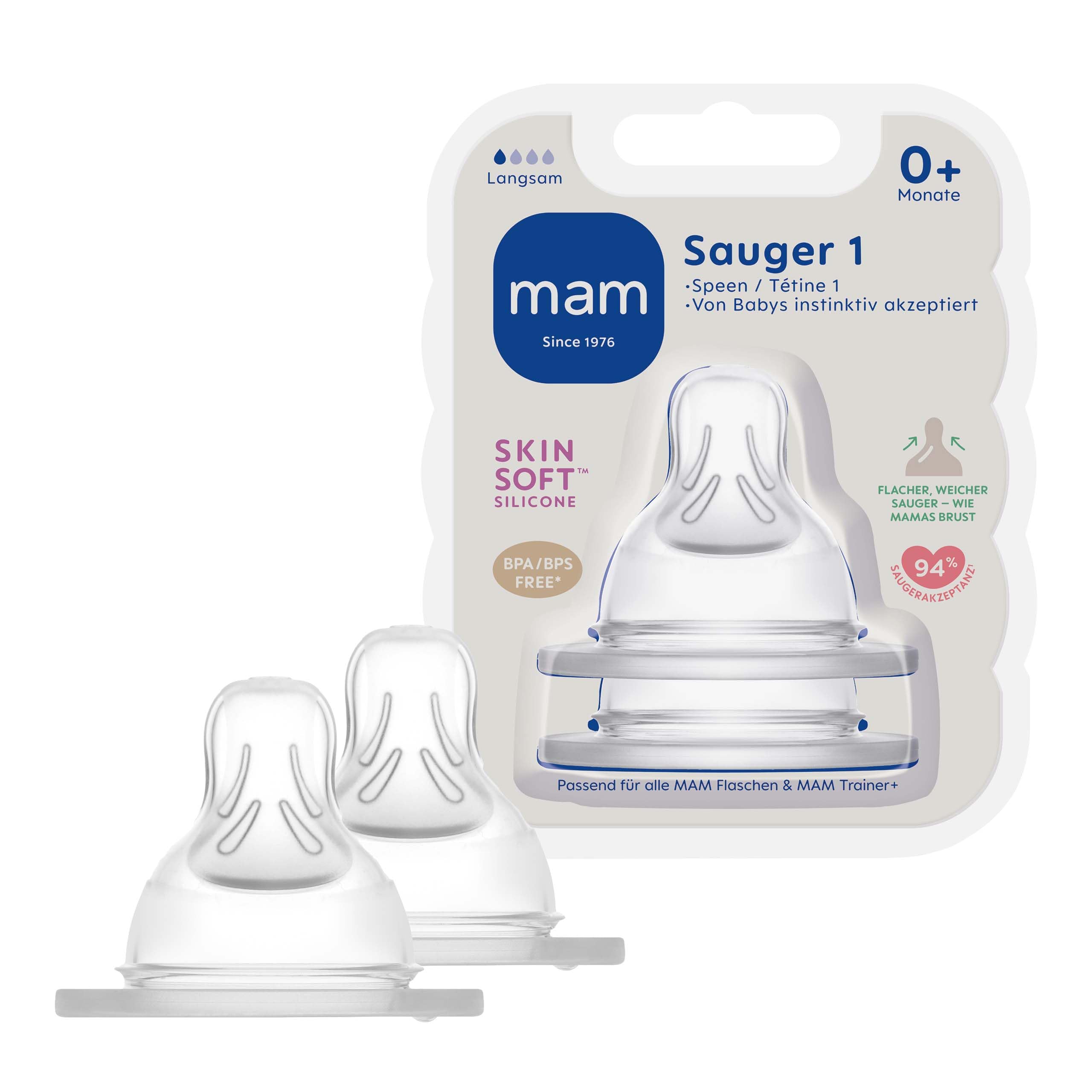 MAM Sauger Größe 1 im Doppelpack, Flaschensauger (Durchflussrate langsam), weicher Trinksauger passend für Flaschen/Trainer, ab der Geburt 2 stück (1er Pack) 2 Stück (1er Pack) Angebot bei HelloDeals