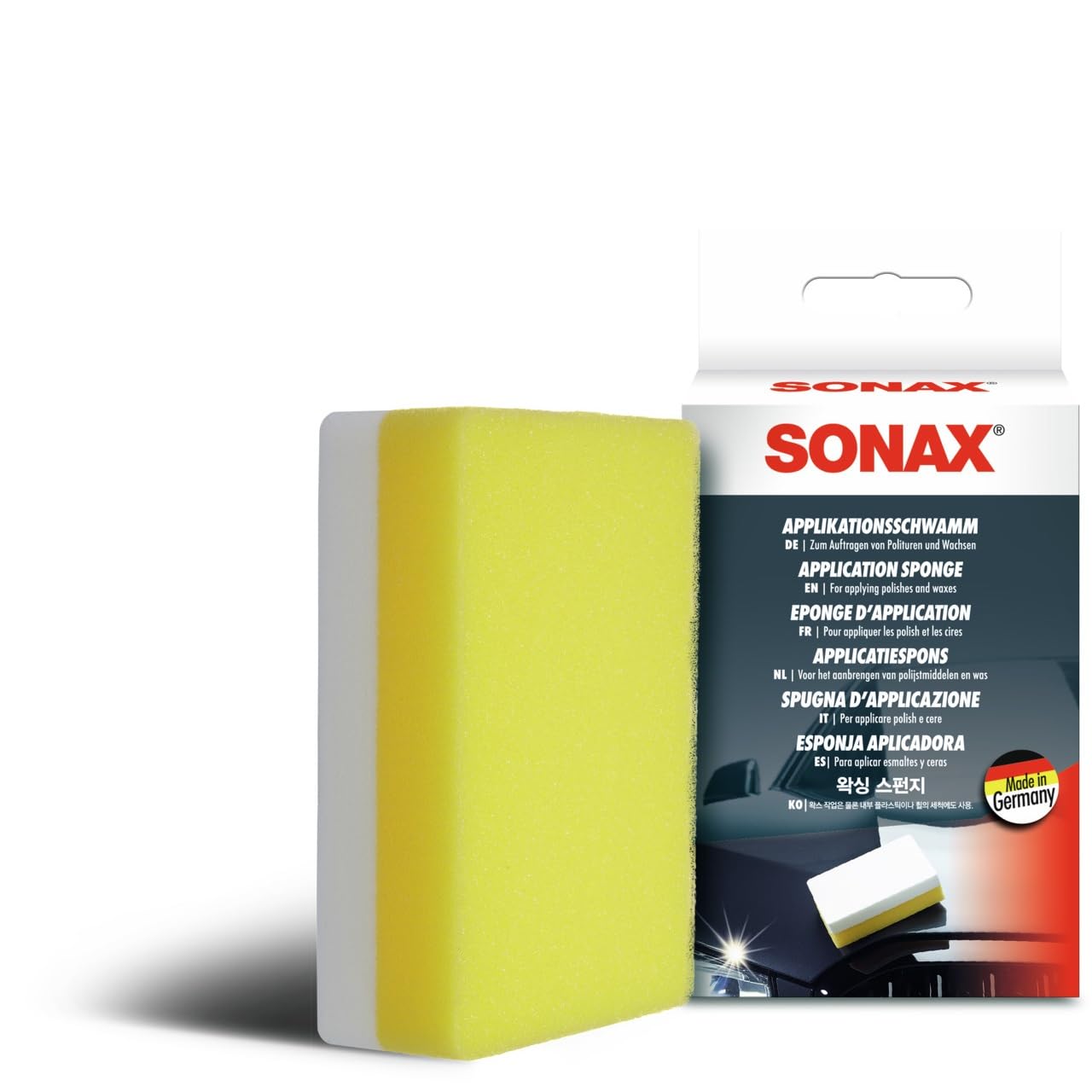 SONAX ApplikationsSchwamm (1 Stück) Spezialschwamm zum Auftragen und Verarbeiten von Polituren, Wachsen, Kunststoffpflegemitteln etc., Art-Nr. 04173000 Single Unit Single Angebot bei HelloDeals