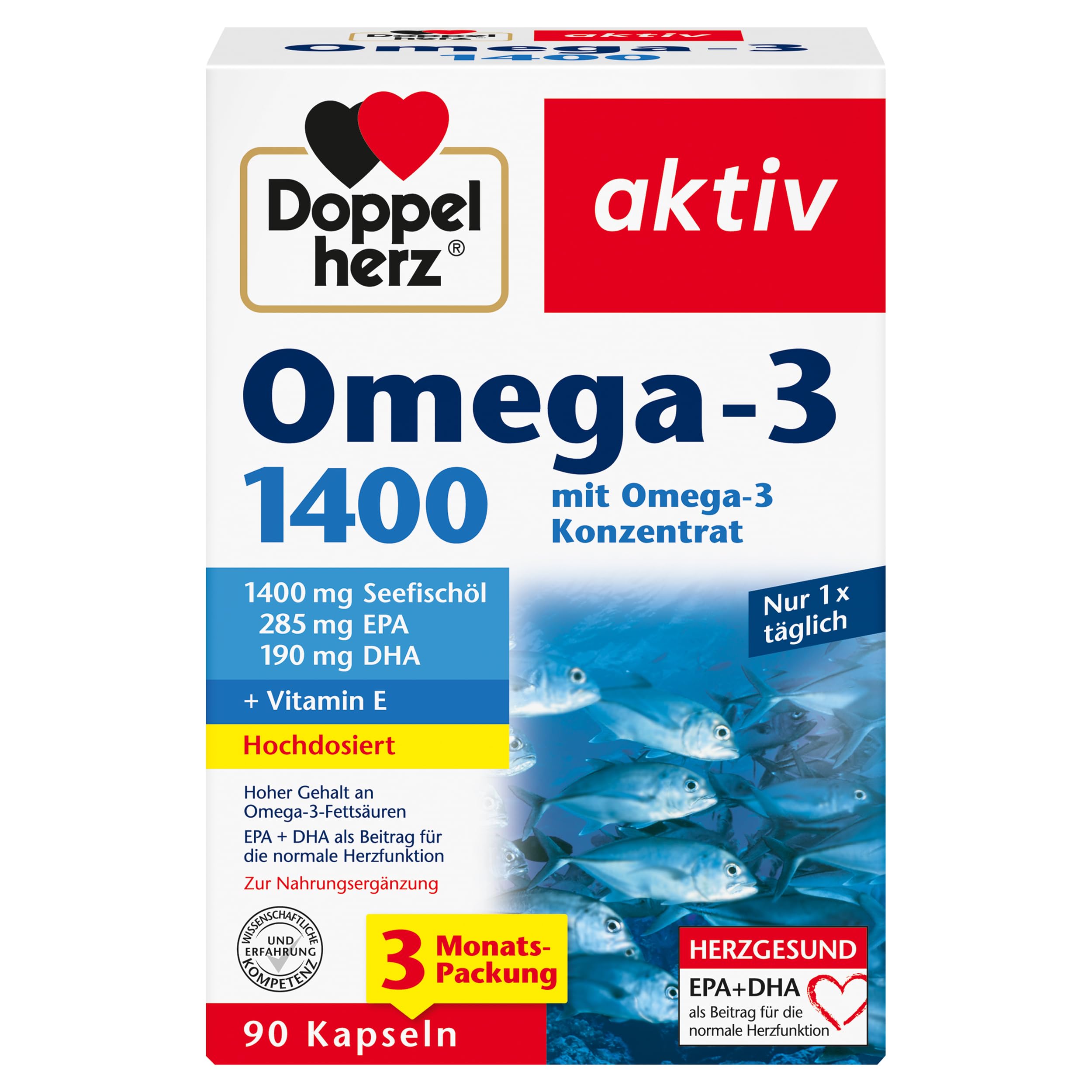 Doppelherz Omega-3 1400 mg - Hochdosiertes Omega-3-Konzentrat plus Vitamin E - Hoher Gehalt an Omega-3-Fettsäuren EPA & DHA - 90 Kapseln 90 Stück (1er Pack) Angebot bei HelloDeals