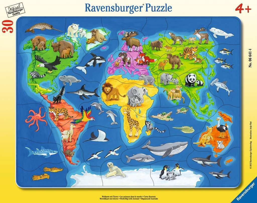 Ravensburger Kinderpuzzle - 06641 Weltkarte mit Tieren - Rahmenpuzzle für Kinder ab 4 Jahren, mit 30 Teilen Angebot bei HelloDeals