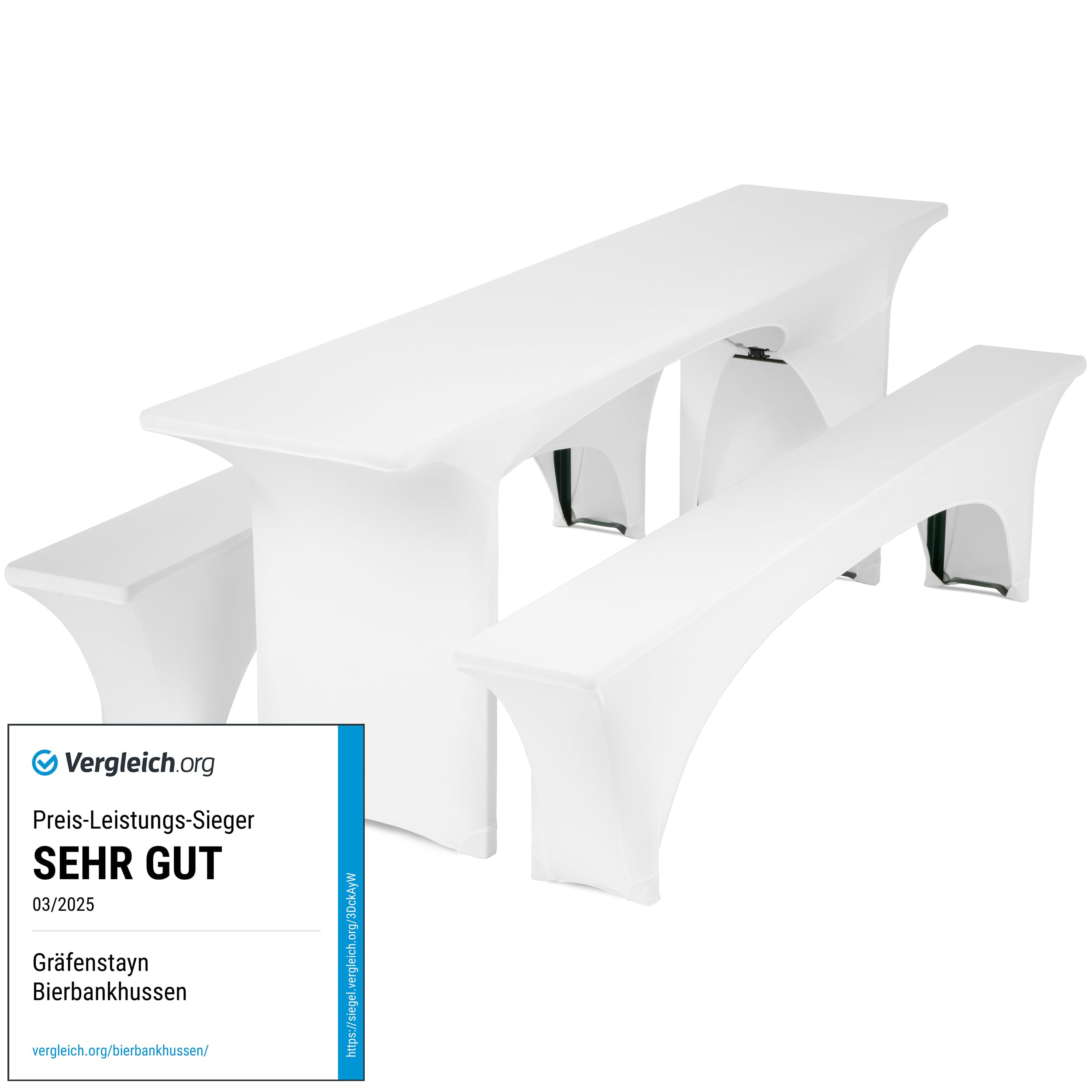 Gräfenstayn® Leopold Stretch - Biertischhussen-Set 3 tlg für Bierzeltgarnitur - 50cm oder 70cm Tischbreite - mit Öko-Tex Siegel Standard 100 : "Geprüftes Vertrauen" 30560 (Weiß, 50x220cm) für Tischmaß 50 x 220 cm Weiß 1 Angebot bei HelloDeals