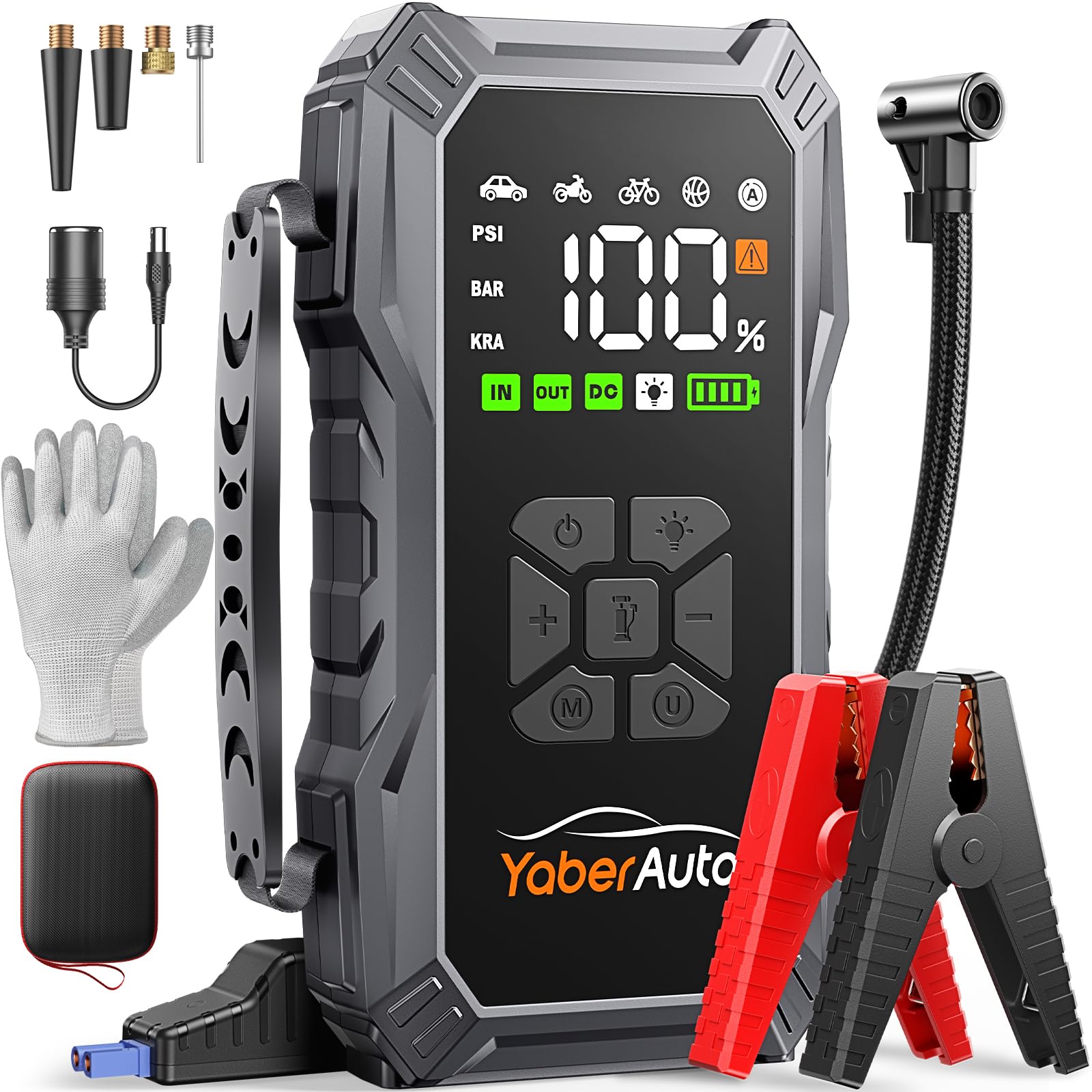 YaberAuto Starthilfe Powerbank mit Kompressor, 150PSI 6000A Auto Starthilfe, Starthilfe Powerbank, Jump Starter (All Benzin und 10.0L Dieselmotor) mit LCD Bildschirm und 500 Lumen Notlicht Angebot bei HelloDeals