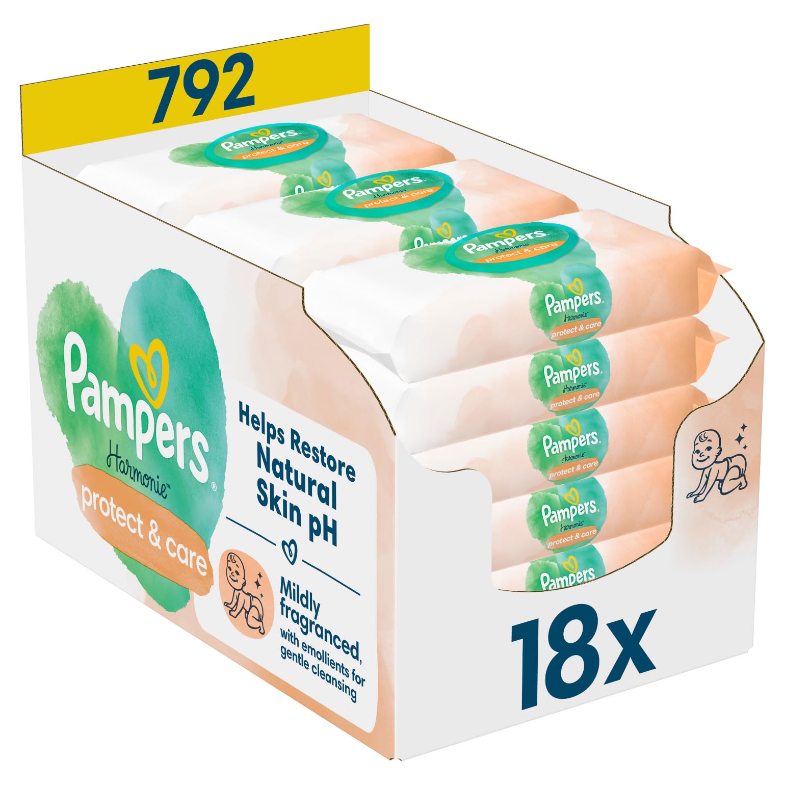 Pampers Harmonie Protect & Care Feuchttücher 18 Packungen mit jeweils 44 Feuchttüchern = 792 Feuchttücher, die helfen, den natürlichen pH-Wert der Haut wiederherzustellen Angebot bei HelloDeals