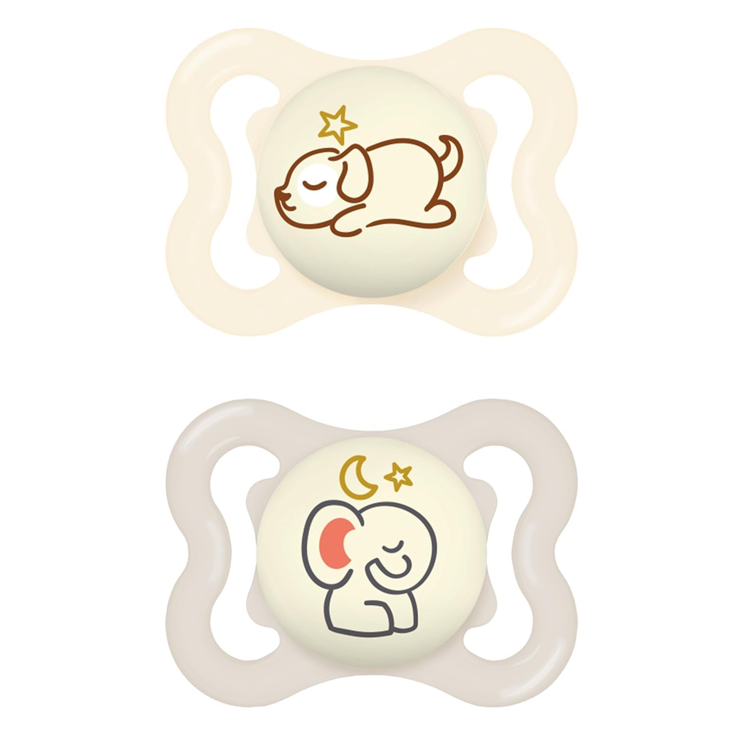 MAM Supreme Night Schnuller im 2er-Set, leuchtender Babyschnuller für eine gesunde Zahn- und Kieferentwicklung, beugt Hautreizungen vor, mit Schnullerbox, 0-6 Monate, Hund/Elefant 2er-Set Hund/Elefant Angebot bei HelloDeals