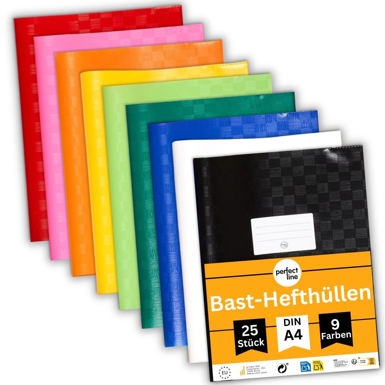 perfect line 25 Bast-Hefthüllen DIN-A4, 9 Farben, Heftumschlag mit Beschriftungsetikett, Heftschoner aus recycelbarem PP, dokumentenecht (1 x 25 Stk.) Angebot bei HelloDeals