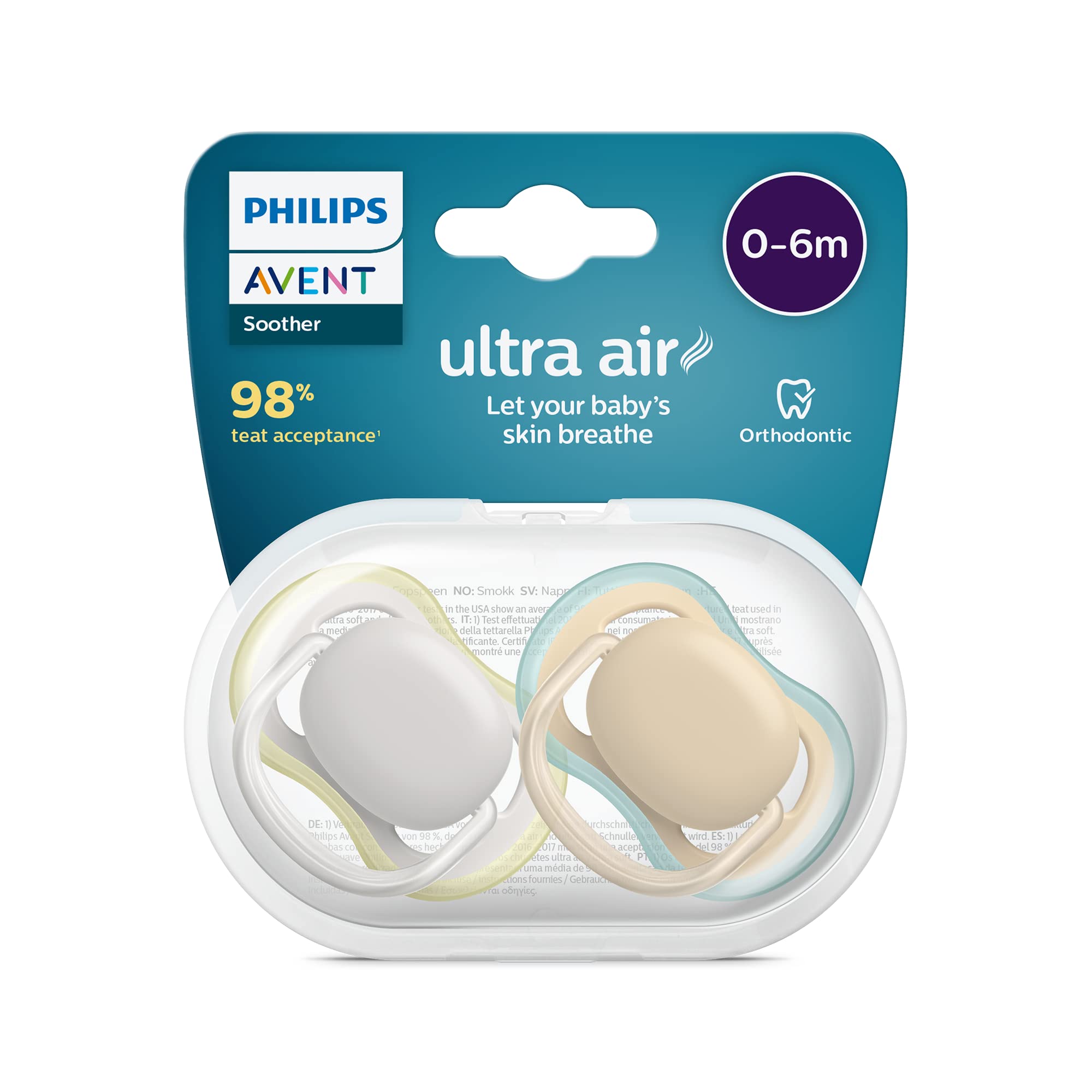 Philips AVENT ultra air Schnuller - 2er Pack, BPA-freier, atmungsaktiver Schnuller für Babys von 0-6 Monaten, inklusive Transport- und Sterilisationsbox, grün/braun (Modell SCF085/15) 2er-Pack grün/braun Angebot bei HelloDeals