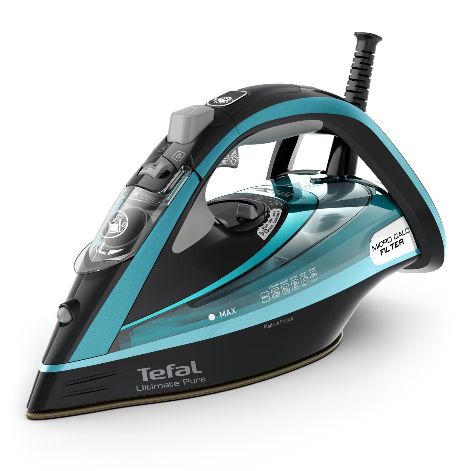 Tefal Dampfbügeleisen Ultimate Pure, 3200 W, 1,2 kg, Micro-Calc-Filter, Durilium Airglide Autoclean-Bügelsohle, automatische Abschaltung, ‎0,35 Liter Wassertank, Made in France, schwarz/türkis, FV9844 Single Angebot bei HelloDeals