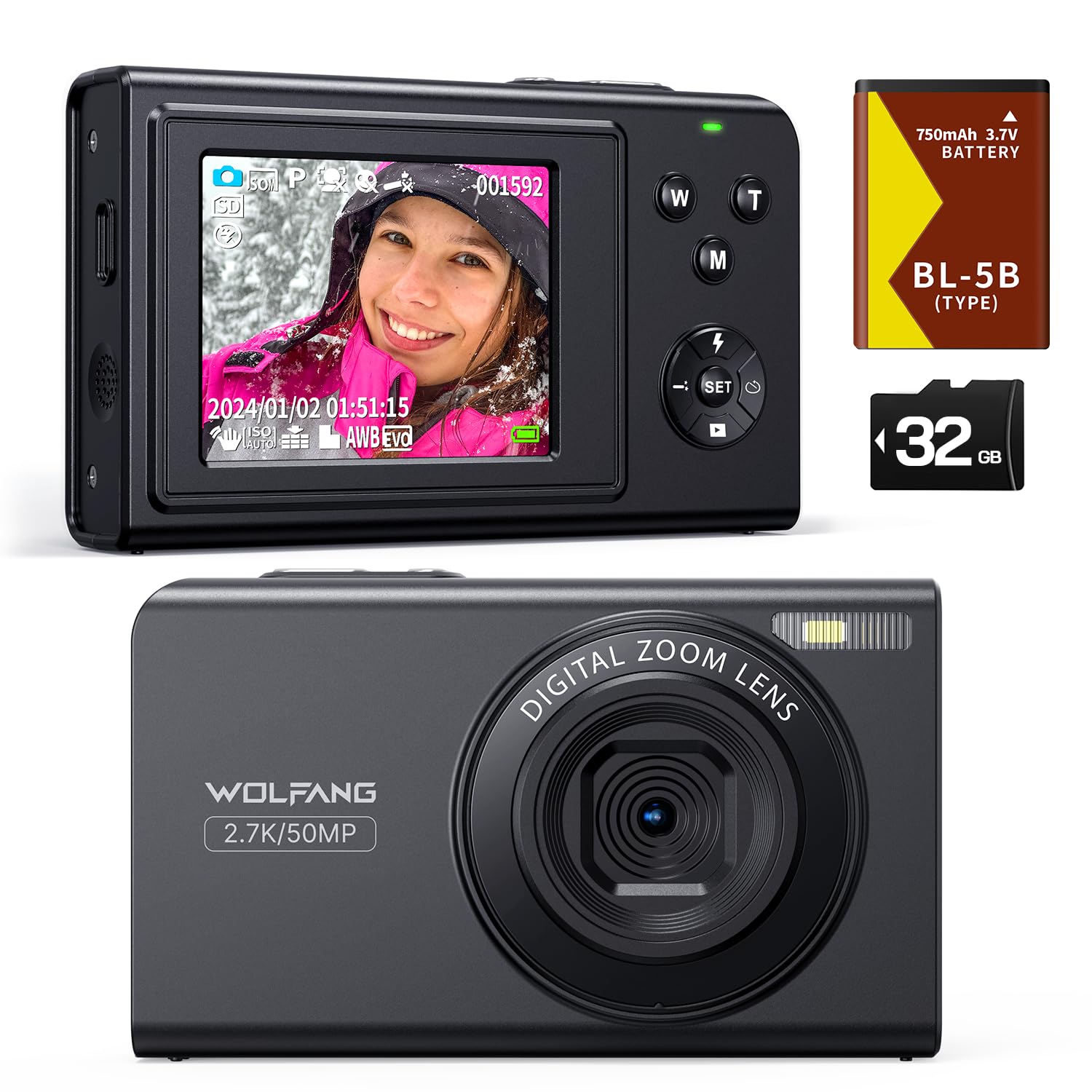 WOLFANG Digitalkamera, 2.7K Kinderkamera für Fotografie, 50MP Kompaktkamera für Vlogging, 16X Digitalzoom Fotoapparat Klein Einfache Bedienung, Autofokus, Geschenk für Kinder, Kids, Anfänger Angebot bei HelloDeals