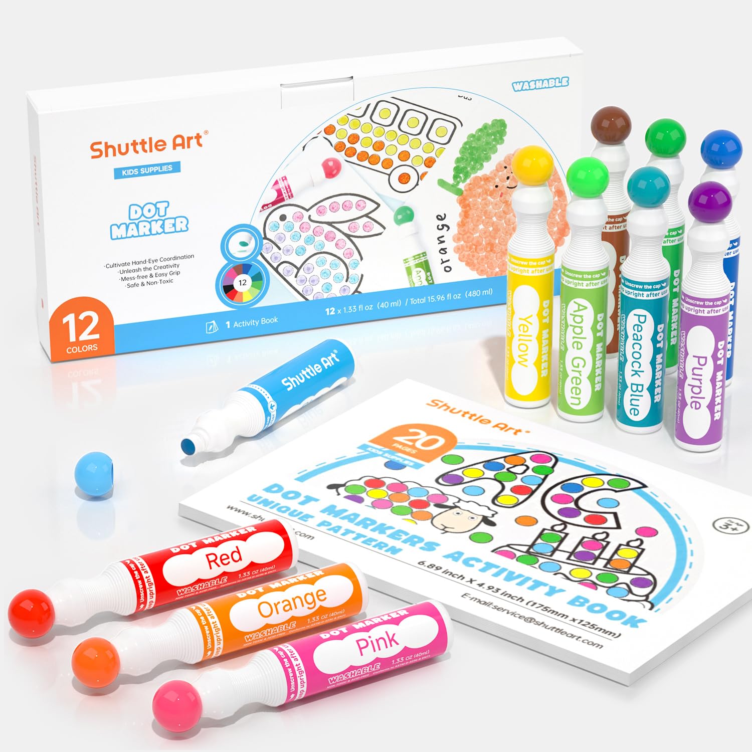 Dot Markers, Shuttle Art Waschbare Punktmarker, 12 farbige Bingomarker (Bingo Dabbers), mit 30 einzigartigen Mustern von Dot Book für Kinder-Kunstaktivitäten, Ungiftige Tinte auf Wasserbasis Angebot bei HelloDeals