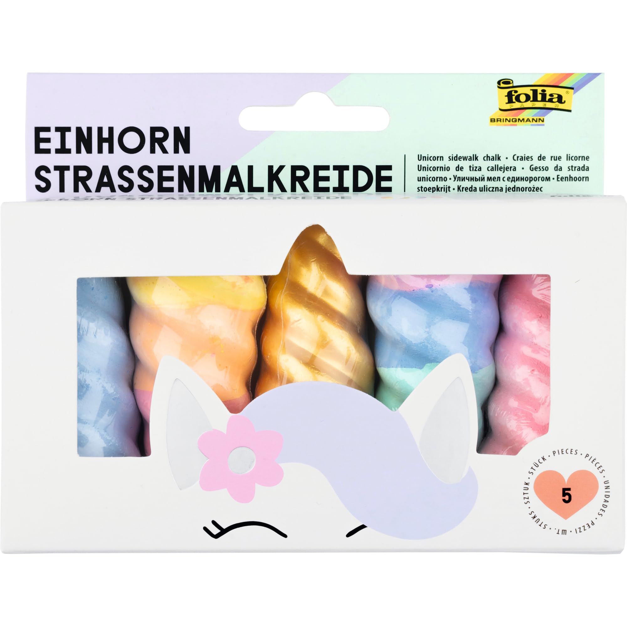folia 380509 - Einhorn Straßenmalkreide für Kinder, 5 Stück in Regenbogenfarben, Unicorn Kreide im Horn-Design Angebot bei HelloDeals