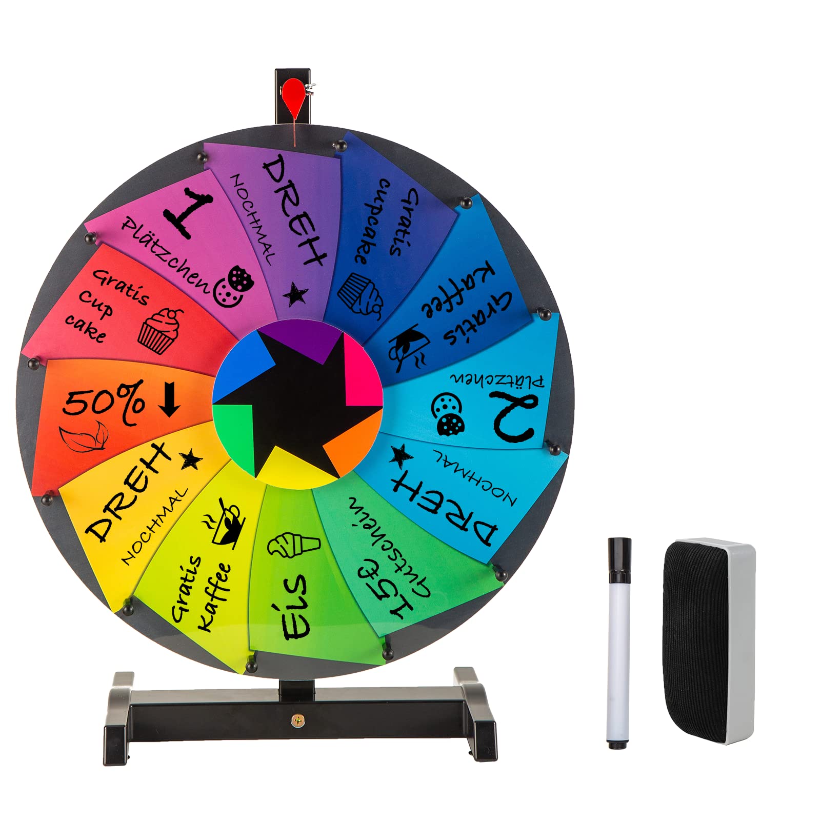 Glücksrad zum Drehen 48cm Groß - Gluecksrad Spiel mit 18" Drehrad & Stativ | Glücksrad Zum Selbstgestalten mit Editierbaren Feldern | Das Set Enthält Einen Whiteboard Radierer + Markierungsstift Angebot bei HelloDeals