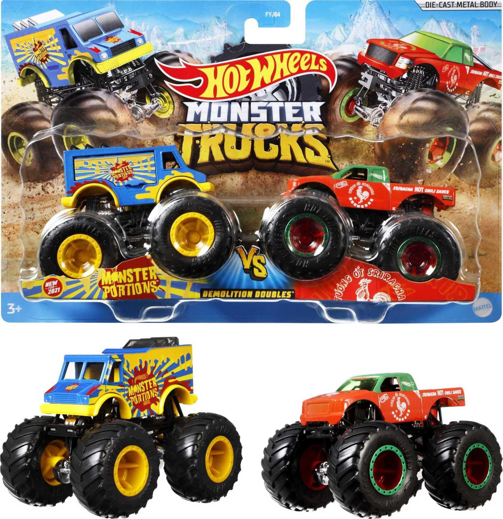 Hot Wheels Monster Trucks Demolition Doubles , 2er-Pack mit verschiedenen Modellen, ink. detaillierte Statistiken zur Stärke, riesige Räder und abgefahrene Details, Design kann variieren, FYJ64 Angebot bei HelloDeals