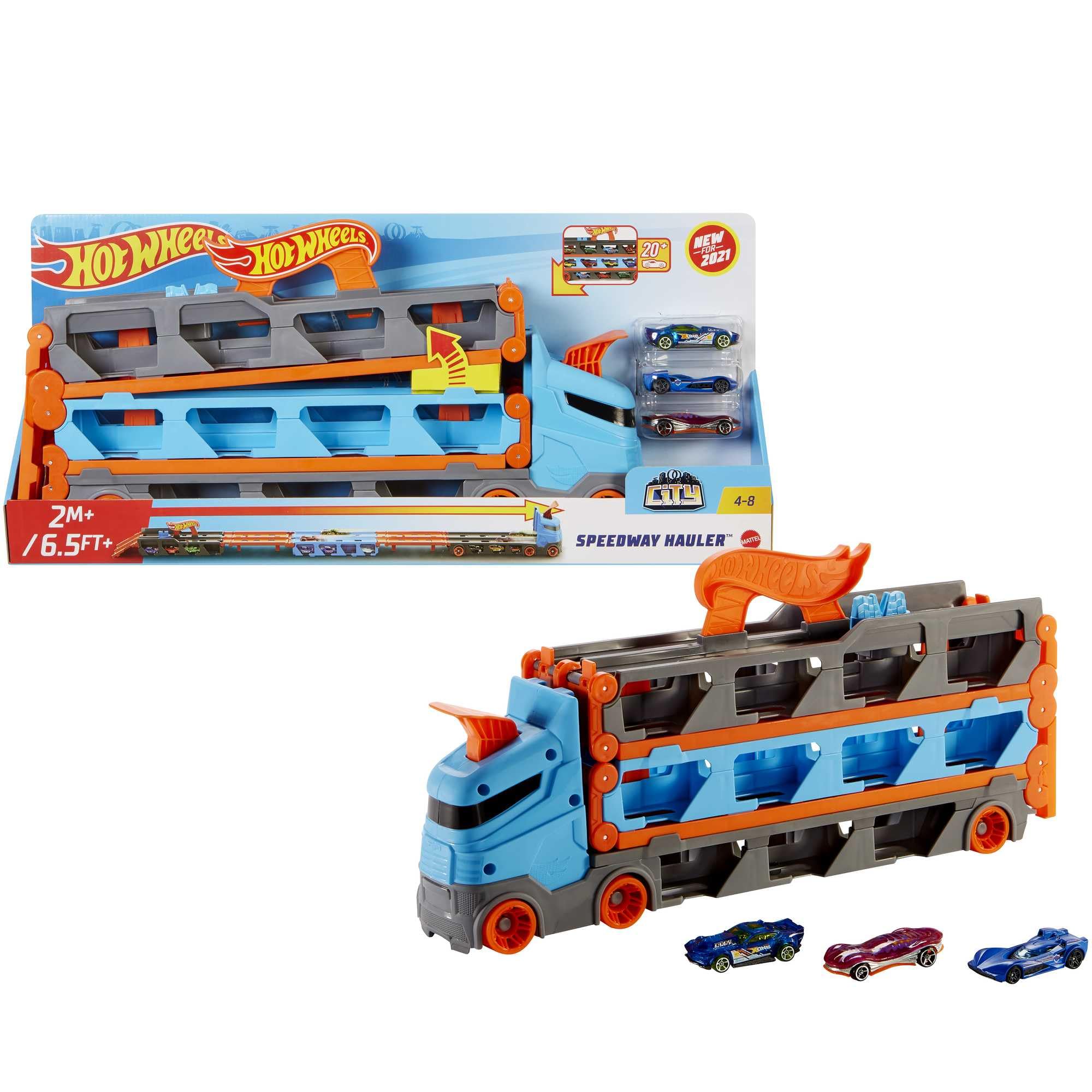 Hot Wheels - 2:1 Autorennbahn zu Transporter, inkl. 3 Spielzeugautos, mit Doppelstarter, Auslösefunktion und Weiche, Platz für 20 Autos, Spielzeug ab 4 Jahre, HGH33 Hw Speedway Hauler Angebot bei HelloDeals