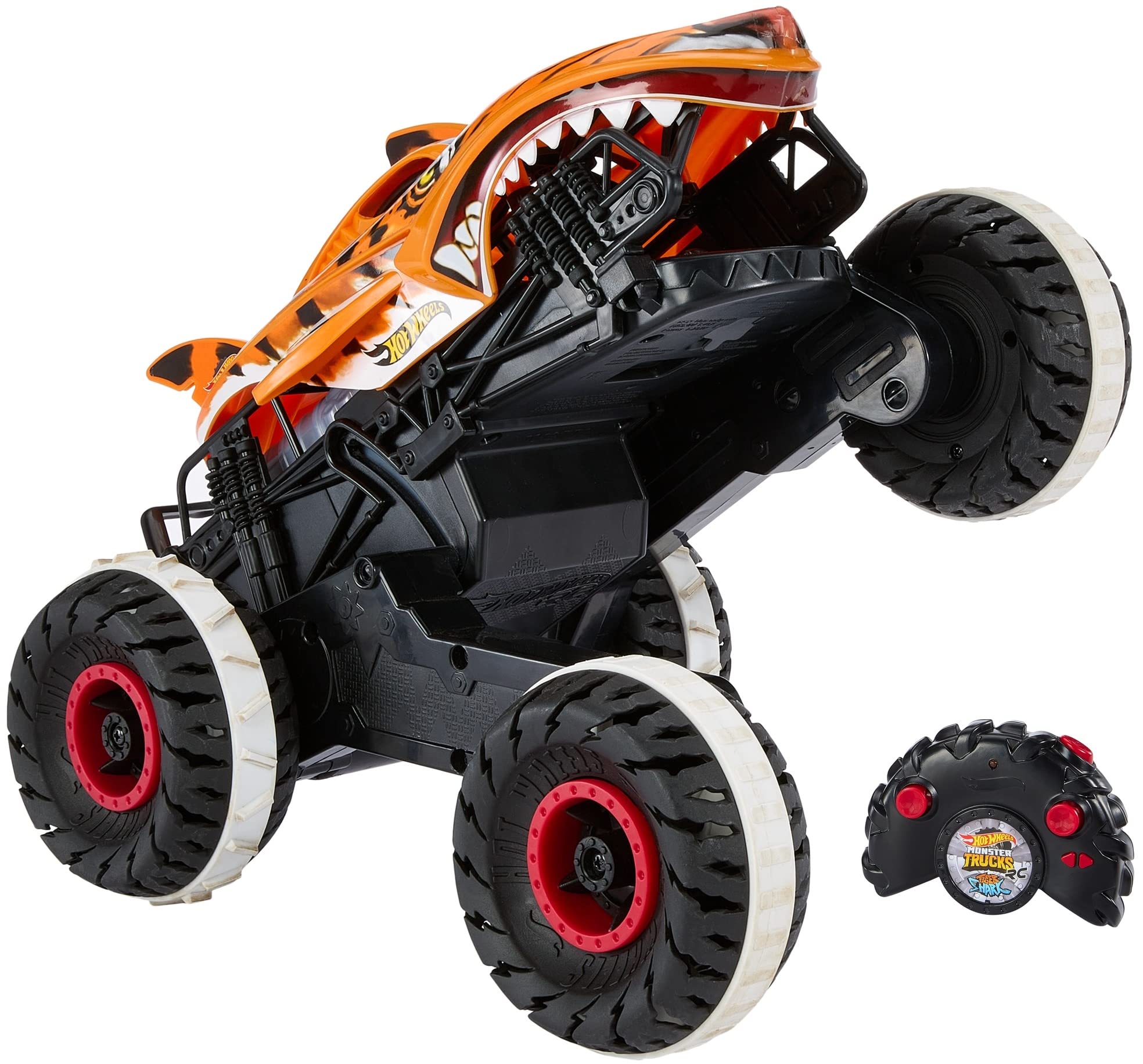 Hot Wheels Monster Trucks Ferngesteuertes Auto Tiger Shark, mit 'Terrain Stomp' Technologie für tierähnliche Bewegungen, Wheelie Modus für Drehen auf 2 Rädern, Spielzeug ab 4 Jahre, HGV87 Unstoppable Tiger Shark Angebot bei HelloDeals