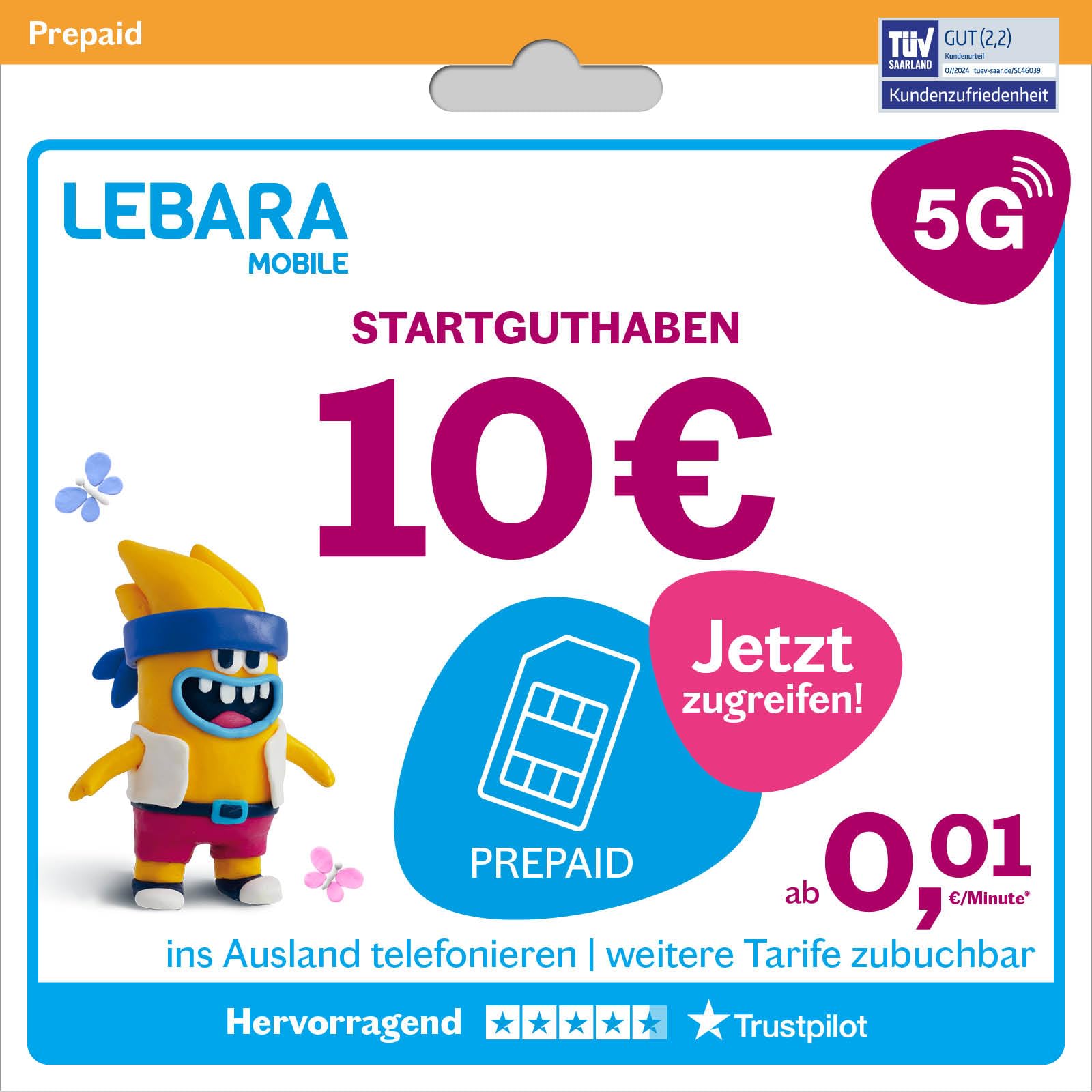 Lebara Prepaid SIM-Karte mit 10€ Startguthaben ohne Vertrag | ab 1 Cent pro Min. ins Ausland telefonieren | Jetzt mit 5G surfen Angebot bei HelloDeals
