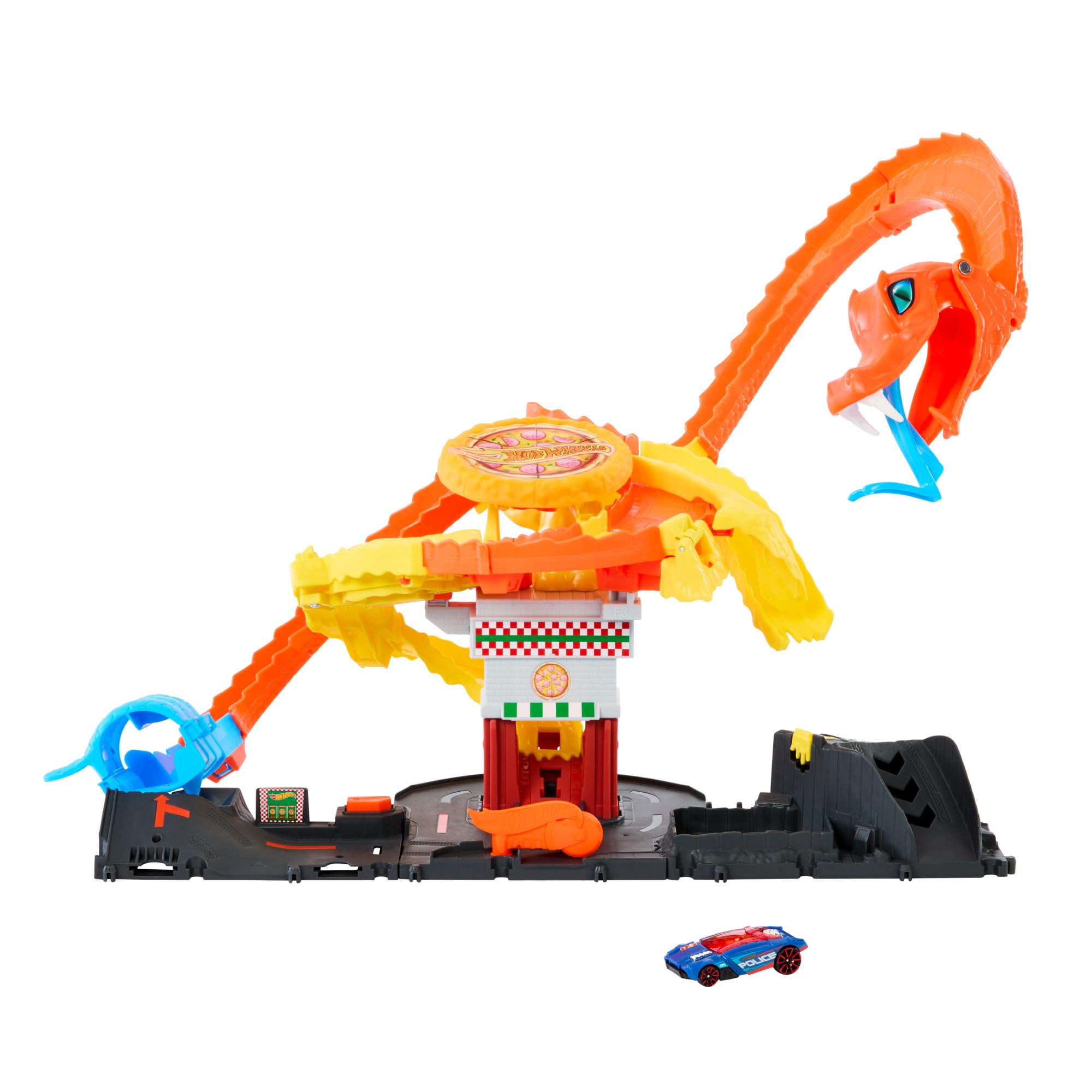 Hot Wheels City Spielzeugauto-Trackset, Pizza-Kobra-Angriff, Schlangenschwanz-Spiralbahn mit Randomizer, 1 Fahrzeug im Maßstab 1:64, HTN81 Angebot bei HelloDeals
