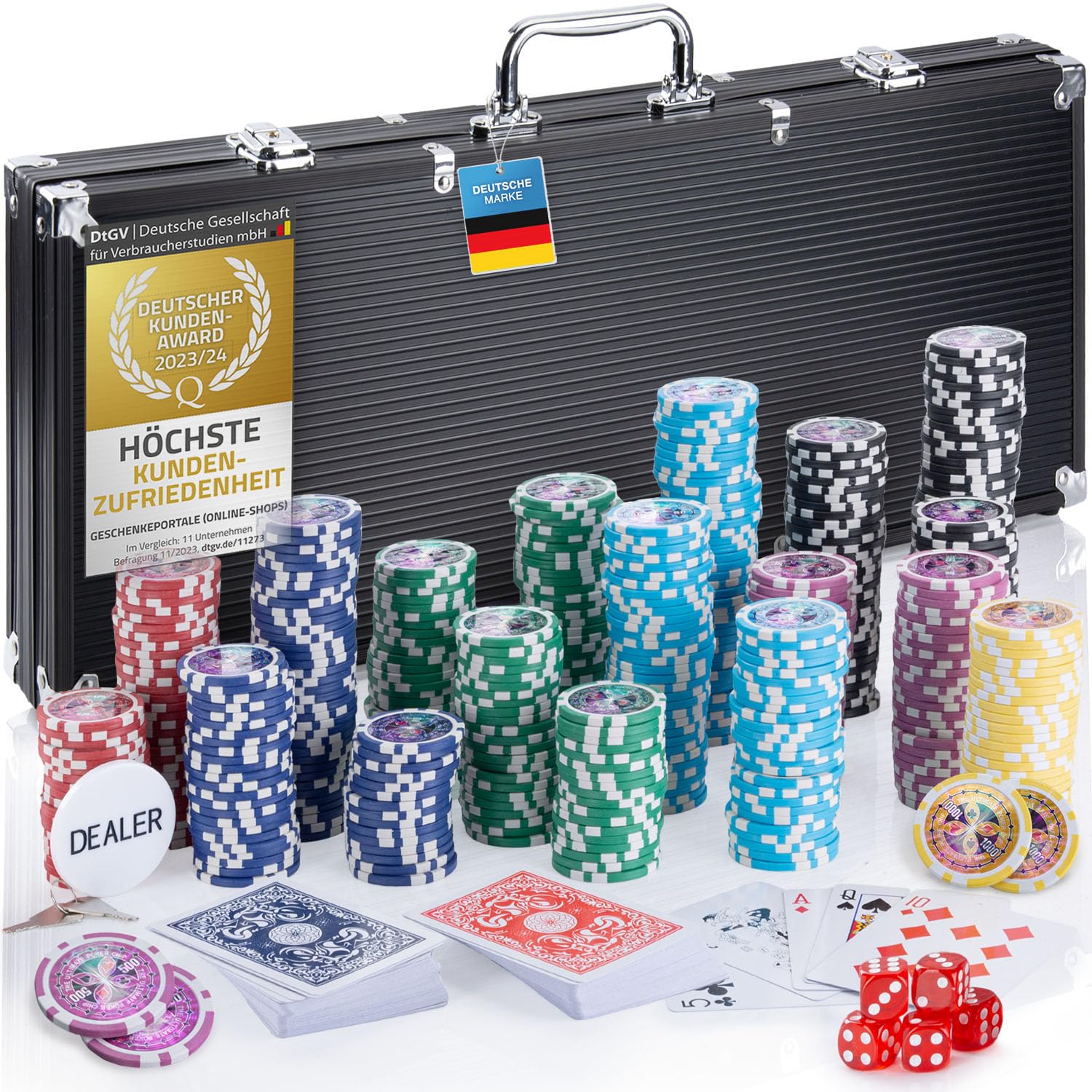 Profi Pokerkoffer Pokerset inkl. 300-500 Chips hochwertigen Pokerchips; Pokerdeck, Kartendeck, Pokerkarten, Würfel, Dealer-Button; abschließbar Alu-Koffer; Casino für Zuhause (Schwarz, 500 Chips) Angebot bei HelloDeals