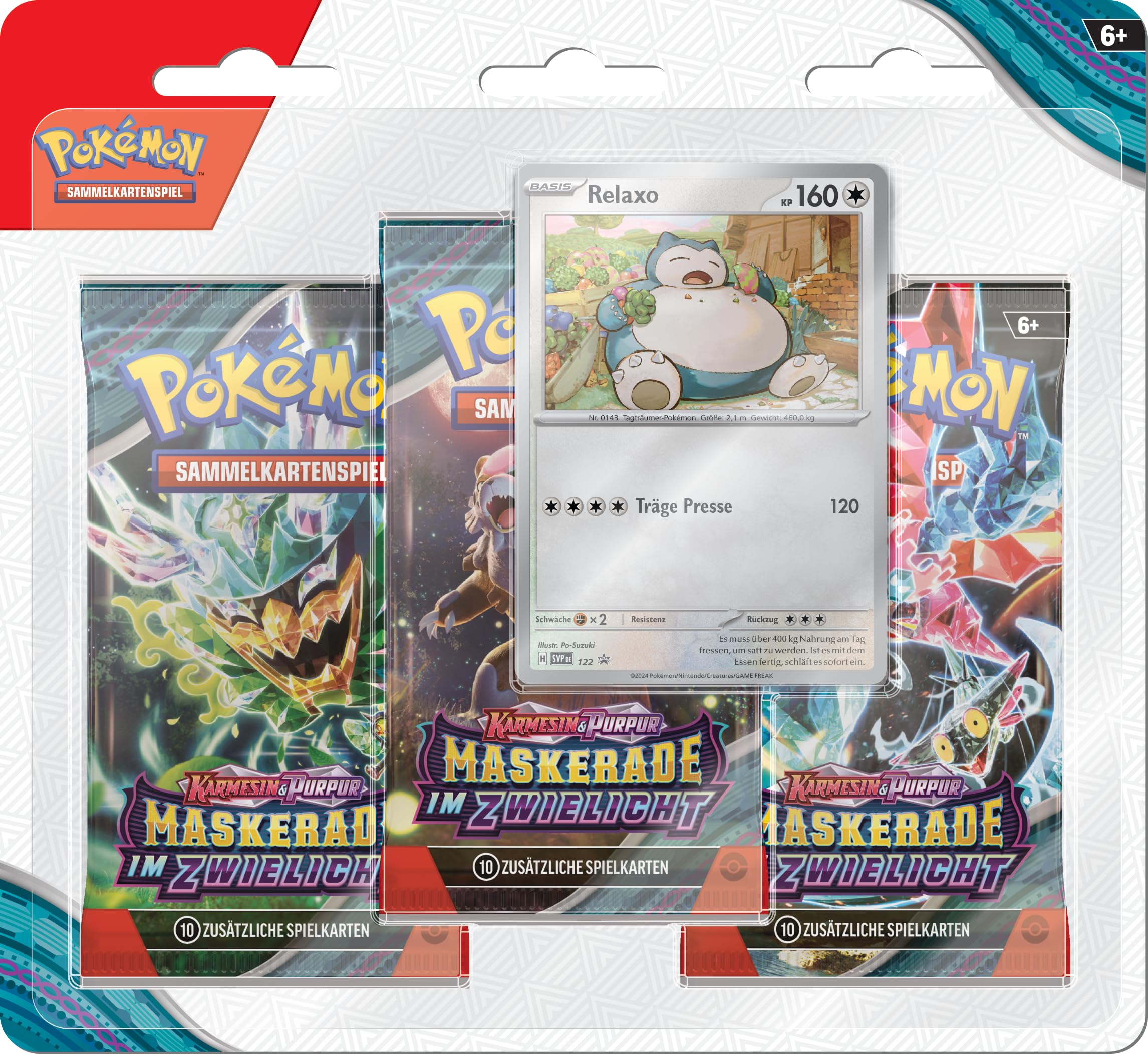 Pokémon Sammelkartenspiel: 3er-Pack-Blister Karmesin & Purpur - Maskerade im Zwielicht: Relaxo (3 Boosterpacks & 1 holografische Promokarte) Angebot bei HelloDeals