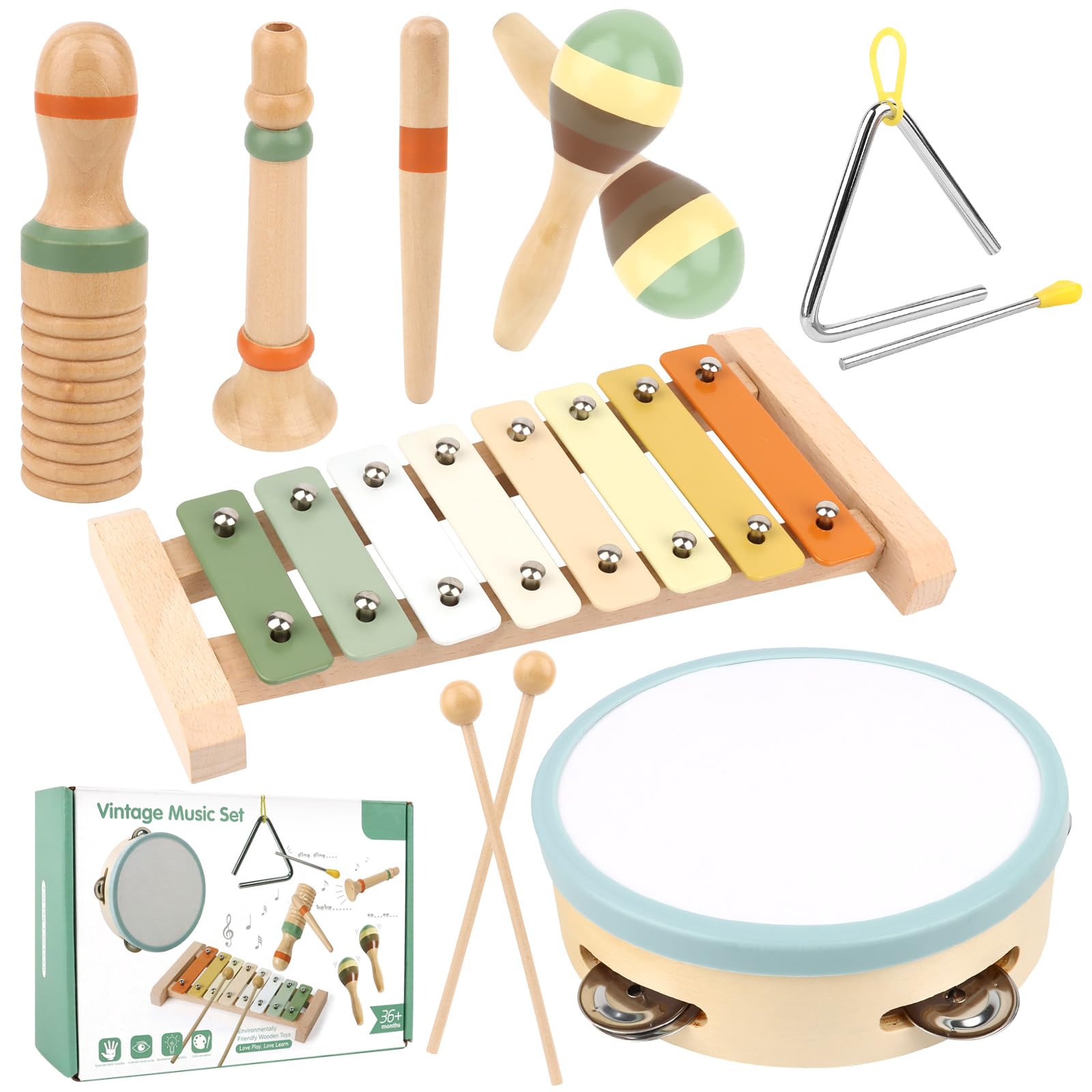KUOFANY Musikinstrumente für Kinder ab 3 Jahren, Holzspielzeug mit Xylophon, Triangel, Maracas, Tamburin, Klanghölzern und Klarinette, Grau, Kleinkindgerecht Angebot bei HelloDeals