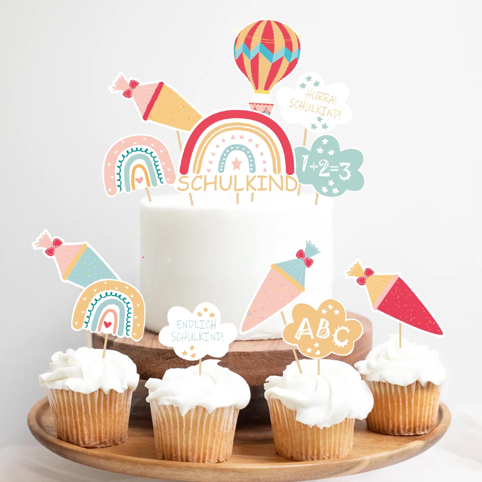 Tortendeko zur Einschulung, 12-teilig Regenbogen Schulanfang Cupcake Toppers, Schuleinführung Kuchen Fondant Muffins Zucker Dekorationen, für Junge Mädchen 1. Schultag Party Deko - Beidseitig Bedruckt Angebot bei HelloDeals
