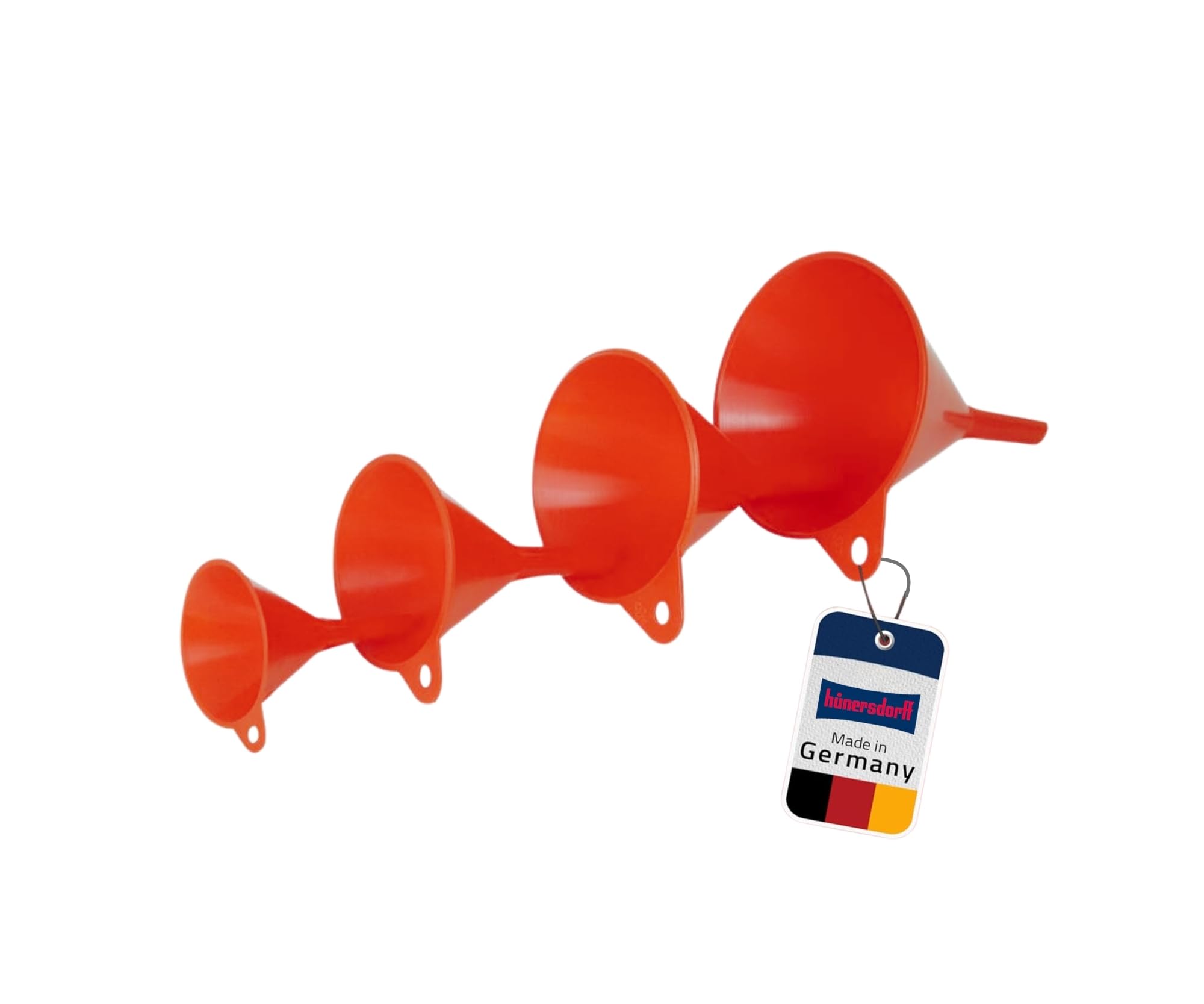 hünersdorff Trichter-Set 4-teilig, Rot | Robuste Einfülltrichter aus bruchsicherem HD-PE mit Entlüftungsrippen & Aufhängeöse – Chemikalienbeständig für Küche, Bad & DIY Angebot bei HelloDeals