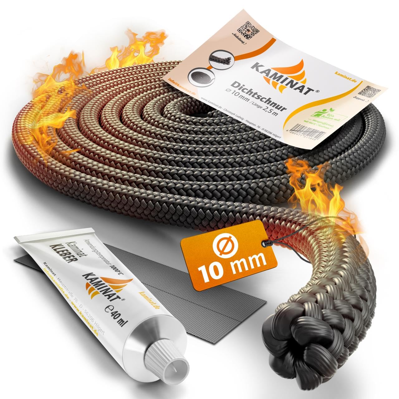 KAMINAT Ofen Dichtschnur - 2,5m Dichtschnur für Kaminofen - Feuerfestes Kamin Dichtband & Ofenrohr Dichtung - Hochwertige Kamin Dichtungsschnur inkl. Kleber - Dichtschnur Kaminofen Ø 10mm Breite Ø10mm Angebot bei HelloDeals
