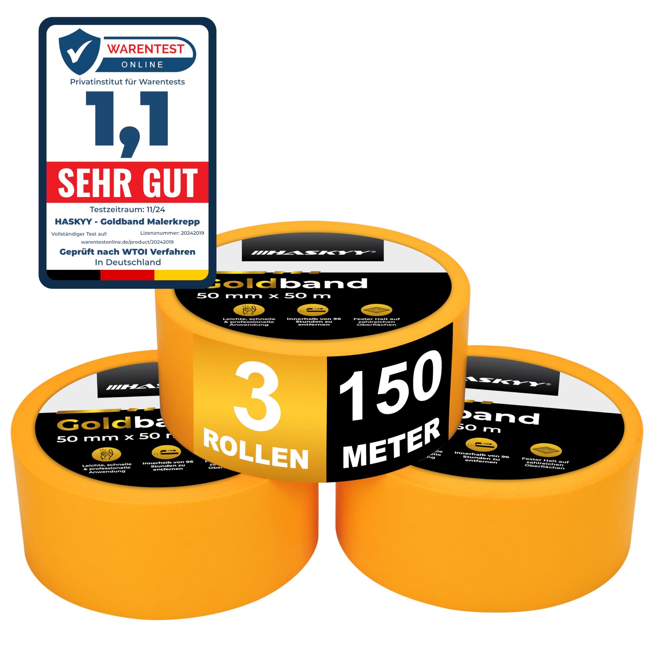 HASKYY Goldband Malerkrepp Kreppband 3x Malerband 50mm x 50m Profi Abdeckband Malertape Klebeband Washi Tape Gold Papiertape Selbstklebend Angebot bei HelloDeals