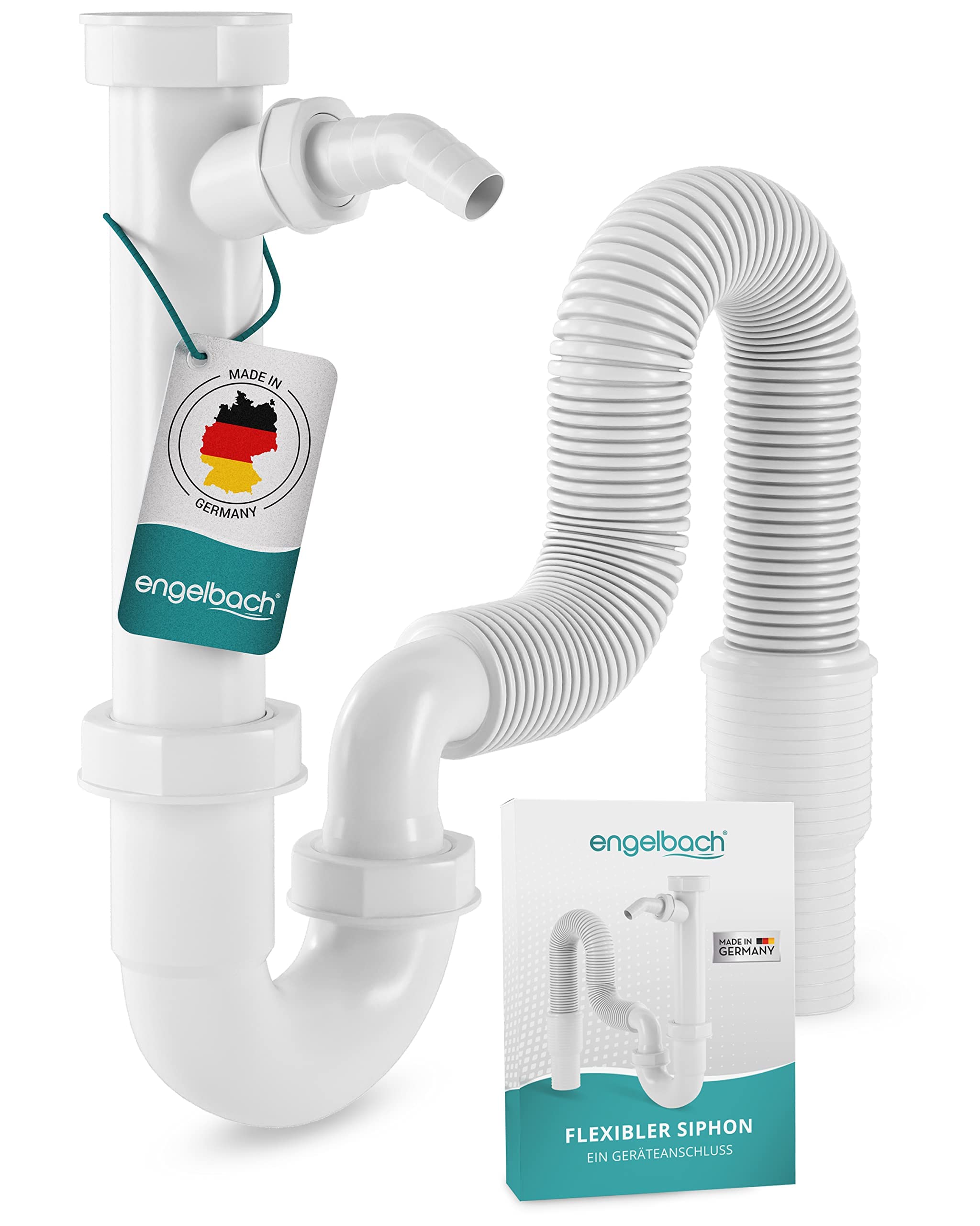 Engelbach® Siphon für Küchenspüle mit Flexiblem Ablaufschlauch - Flexibler Siphon mit Geräteanschluss - Röhrensiphon inkl. Montage-Video - Made in Germany Ein Geräteanschluss Angebot bei HelloDeals