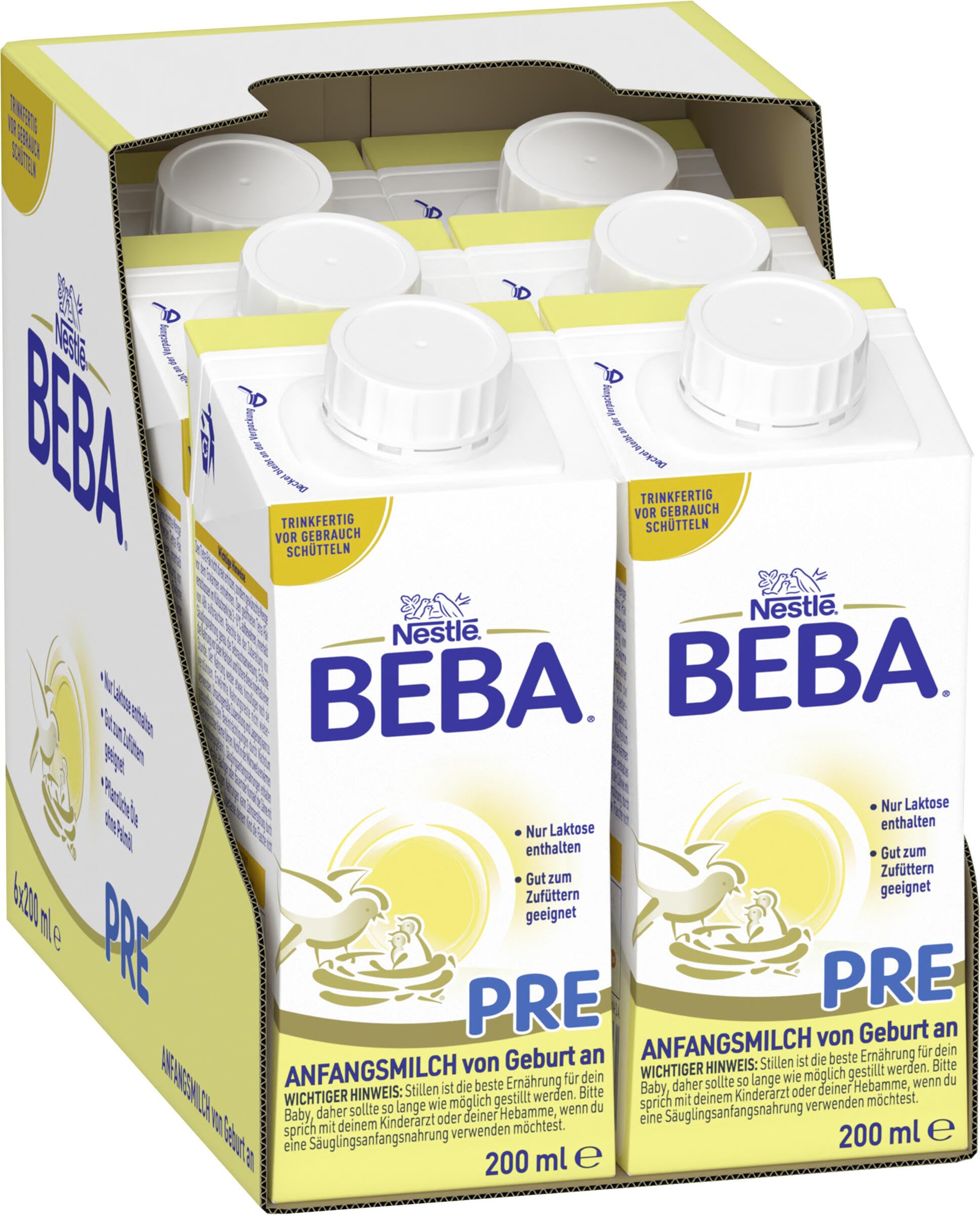 BEBA PRE Anfangsmilch trinkfertig, von Geburt an, Babynahrung, nur Laktose, ohne Palmöl, 6er Pack (6 x 200ml) Angebot bei HelloDeals