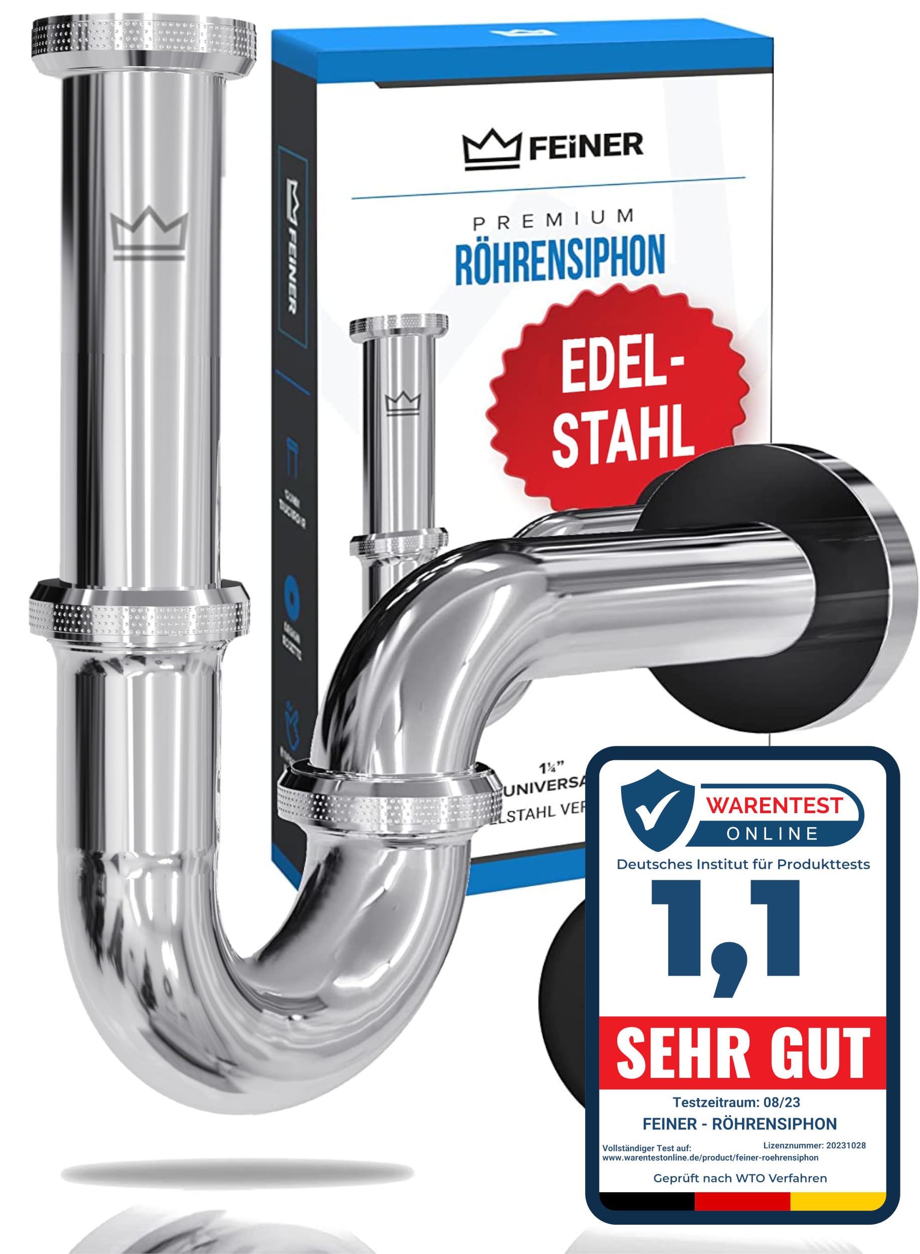 FEINER® Premium Universal Siphon für Waschbecken EDELSTAHL, Abflussrohr Tauchrohr 2-12cm höhenverstellbar, Waschbecken Ablaufgarnitur 1 1/4“ Chrom, Gratis-Dichtungsset, Montage-Video A - Edelstahl Chrom Angebot bei HelloDeals