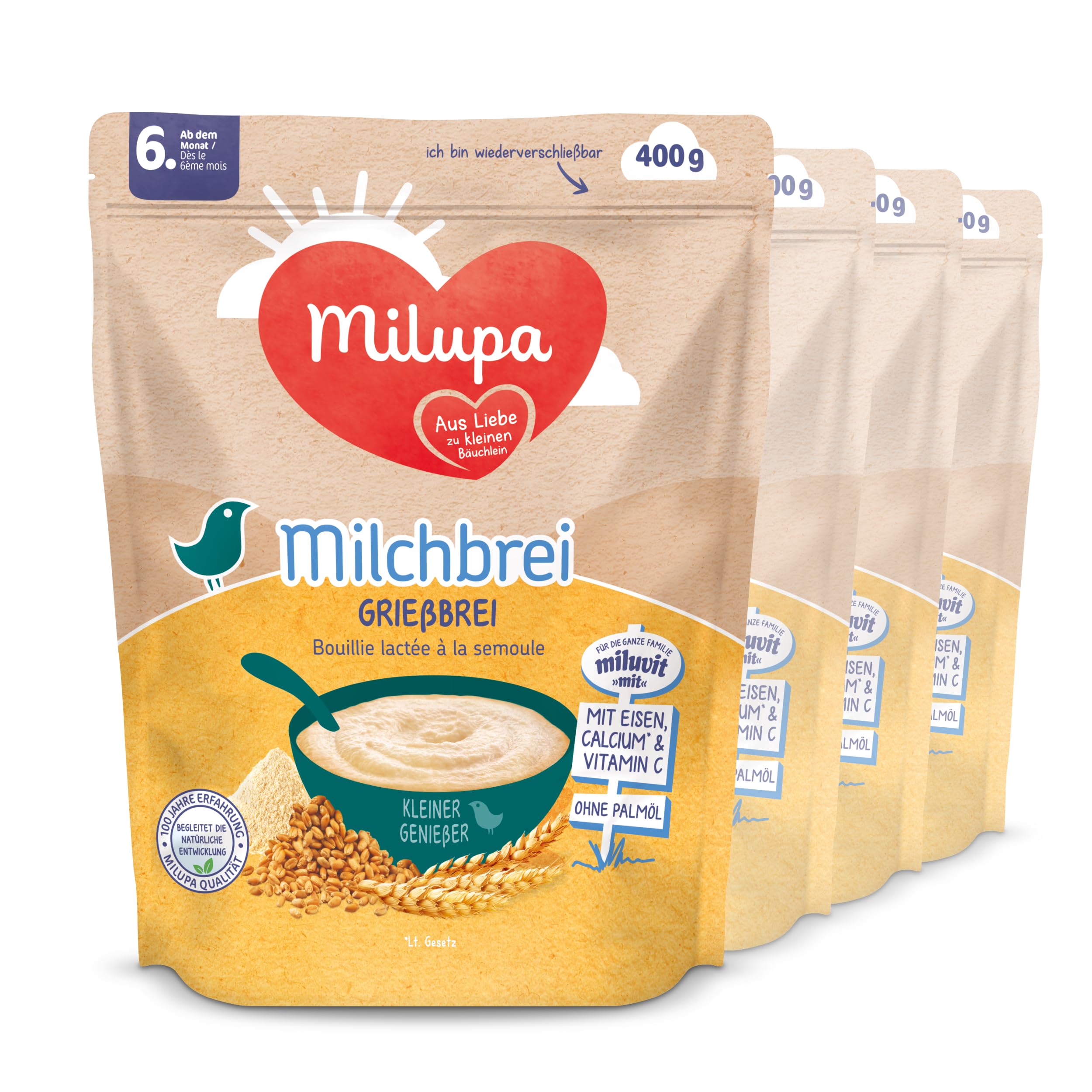 Milupa Miluvit Milchbrei Grieß – Babybrei ohne Palmöl – Frei von Konservierungs- und Farbstoffen – Ab dem 6. Monat – 4 x 400 g Milchbrei Grießbrei Angebot bei HelloDeals