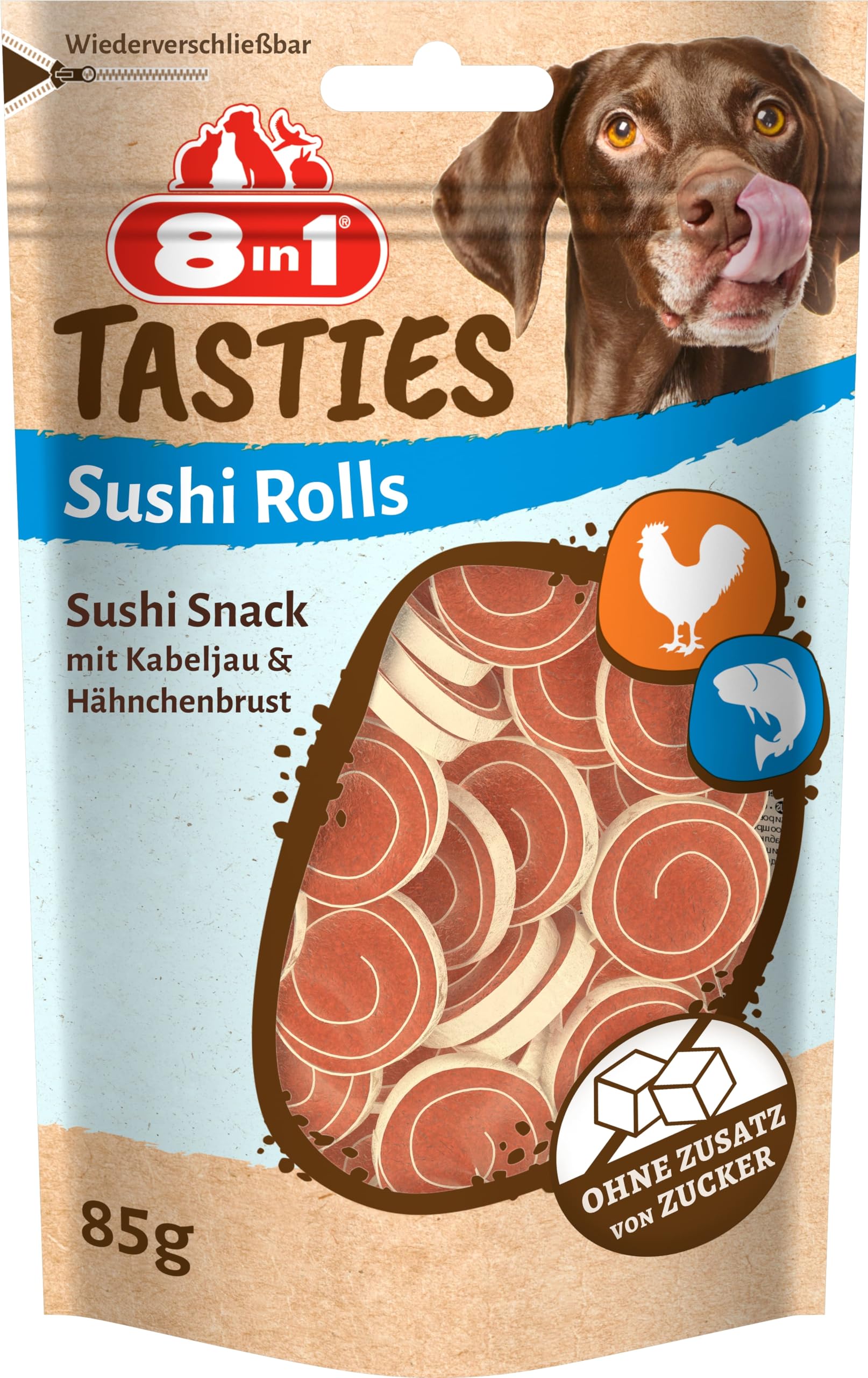 8in1 Tasties Sushi Rolls Hunde-Snack - glutenfreie Leckerlis mit Kabeljau & Hähnchenbrust, 85 g Angebot bei HelloDeals
