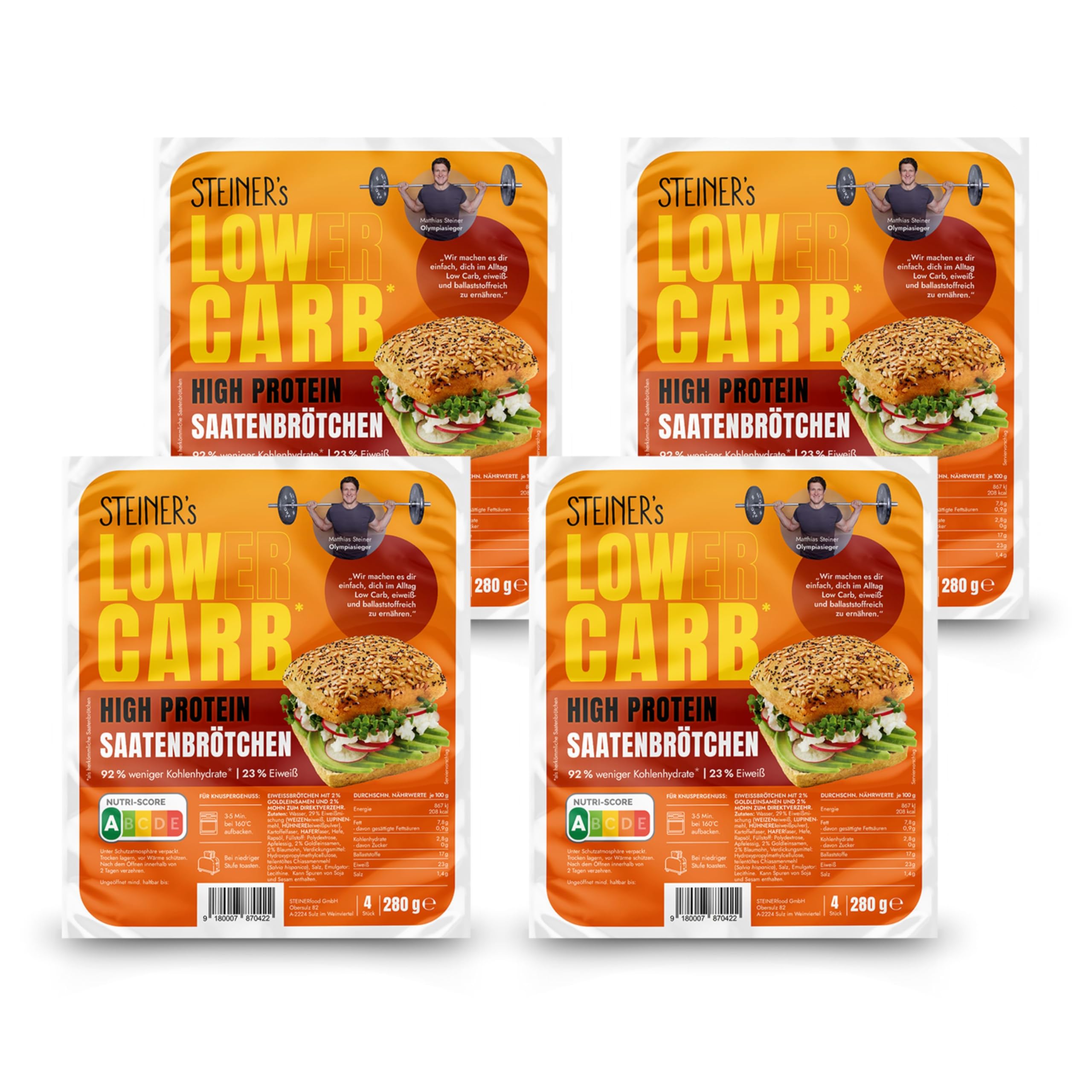 STEINER´s Low Carb High Protein Saatenbrötchen | 92% weniger Kohlenhydrate | high protein | nur 2,8g Kohlenhydrate | 23g Eiweiß (4er Pack, 16 Stk.) 4 x 280g - 16 Brötchen Angebot bei HelloDeals