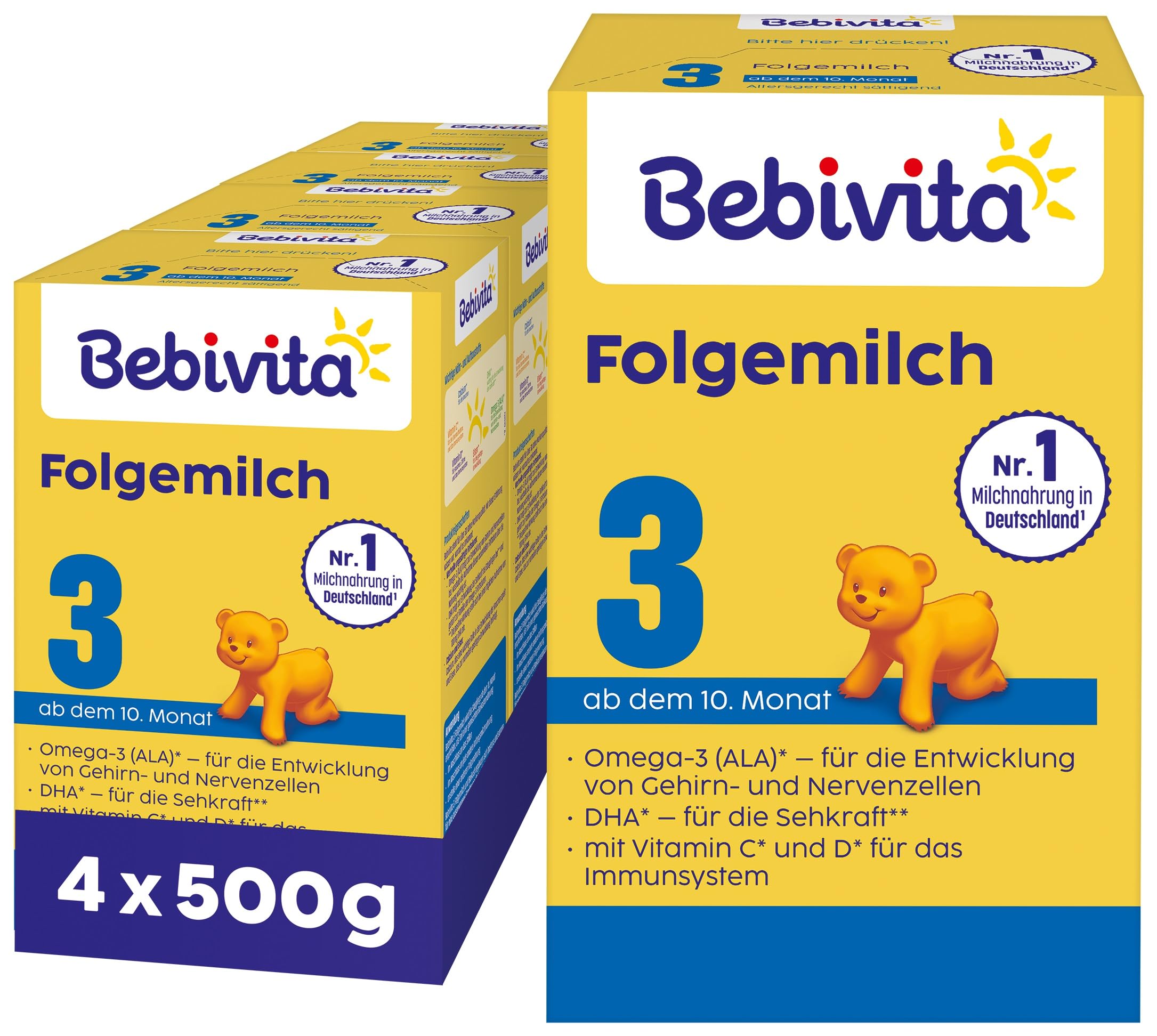 Bebivita 3 Folgemilch (4 x 500g), ab dem 10. Monat, mit Vitamin C und D, Omega-3 (DHA,ALA), altersgerecht sättigend Angebot bei HelloDeals