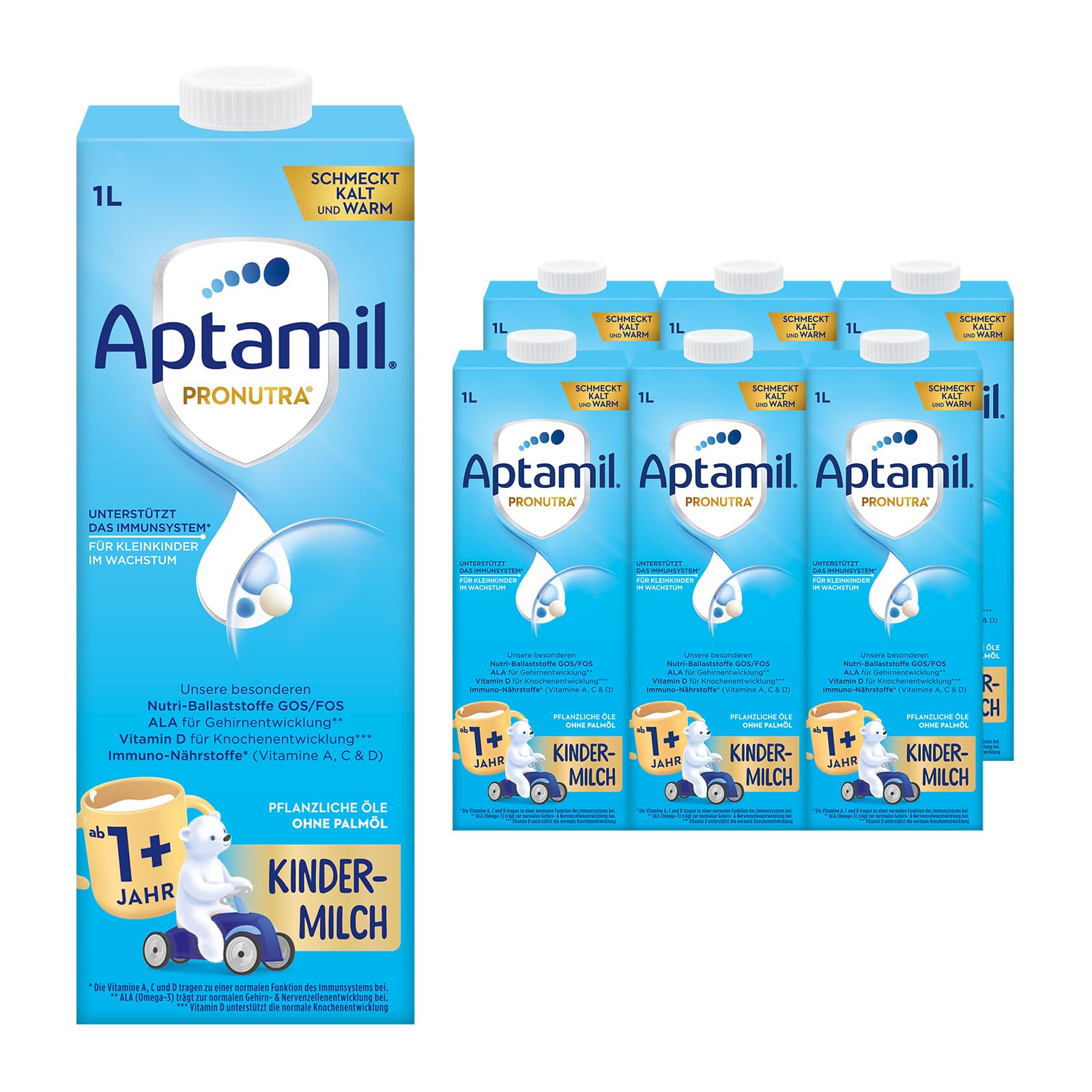 Aptamil Kindermilch 1+ 1 Liter trinkfertig (6er Pack), trinkfertig & praktisch, für Kleinkinder im Wachstum, mit Vitaminen A, C und D sowie ALA (Omega-3), Calcium und Jod, ohne Palmöl Aptamil Kindermilch ab 1 Jahr (1+) 1 l (6er Pack) Angebot bei HelloDeals