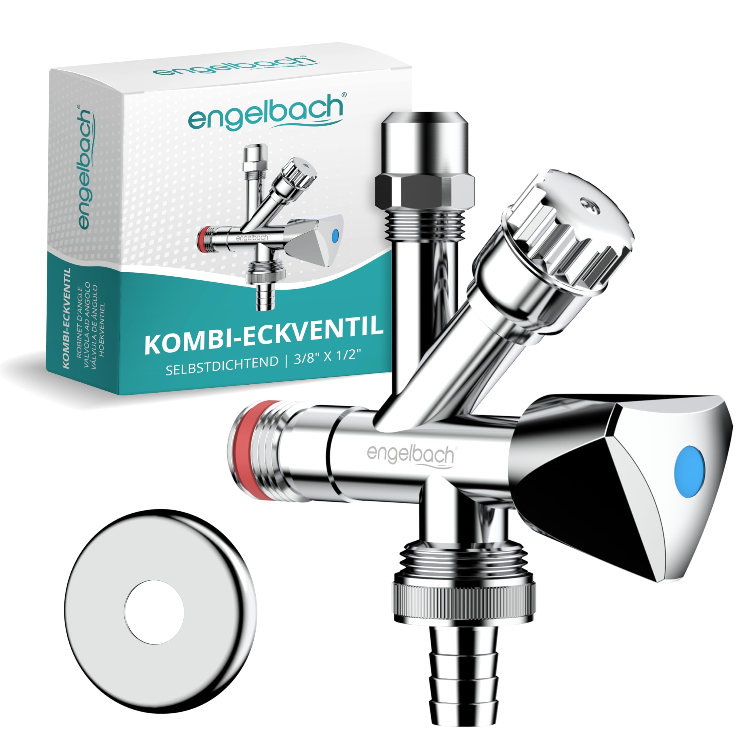 Engelbach® Kombi Eckventil 1/2 Zoll selbstdichtend mit Rückflussverhinderer - Für Kalt- und Warmwasserleitungen mit vielfältigen Anschlussmöglichkeiten Angebot bei HelloDeals