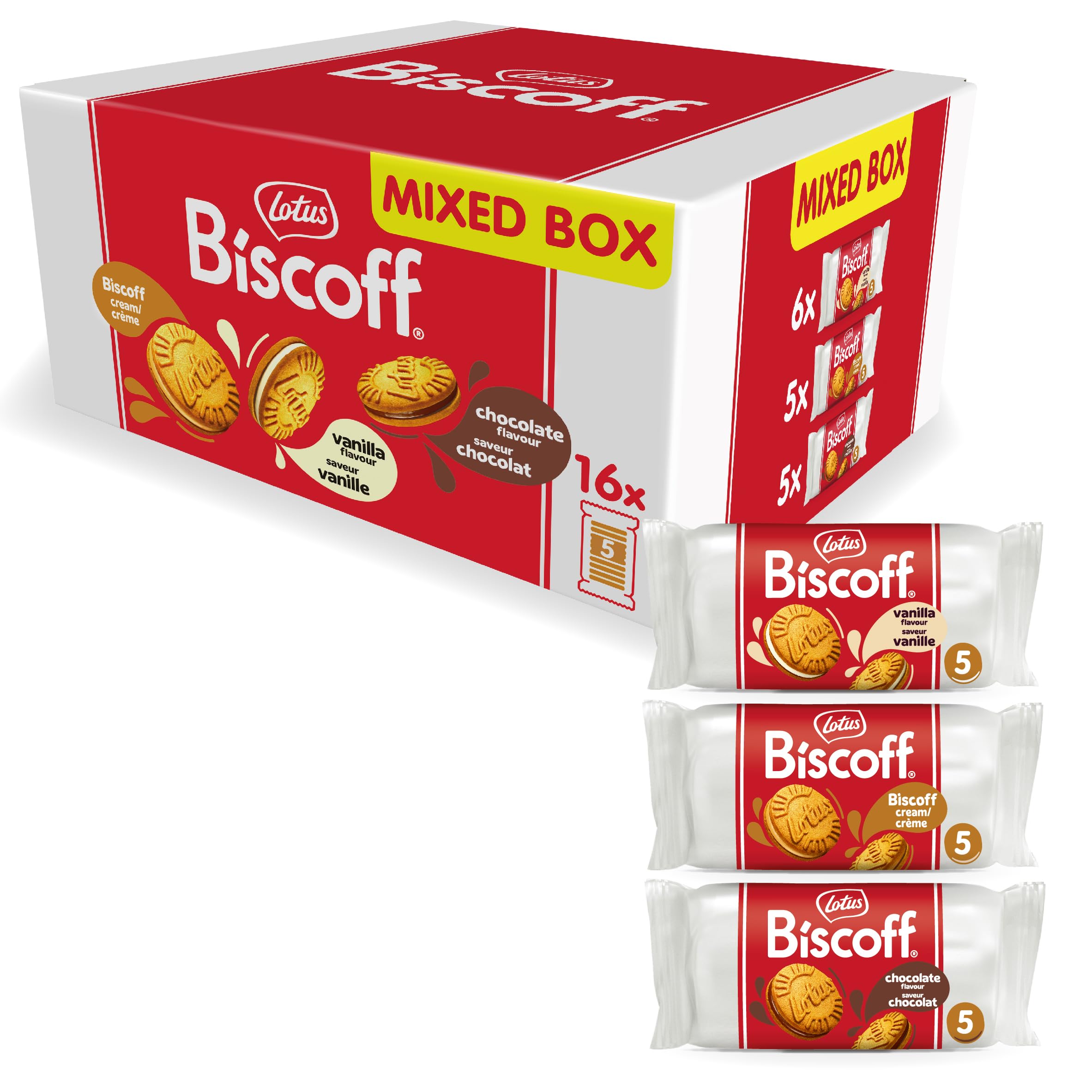 Lotus Biscoff | Doppelkeks Variety Pack | 3 Sorten: Biscoff-Creme, Vanille- und Schokoladengeschmack | 5 Doppelkekse pro Packung | Zutaten natürlichen Ursprungs | Ohne Farbstoffe | 16 x 50g | 800g Angebot bei HelloDeals