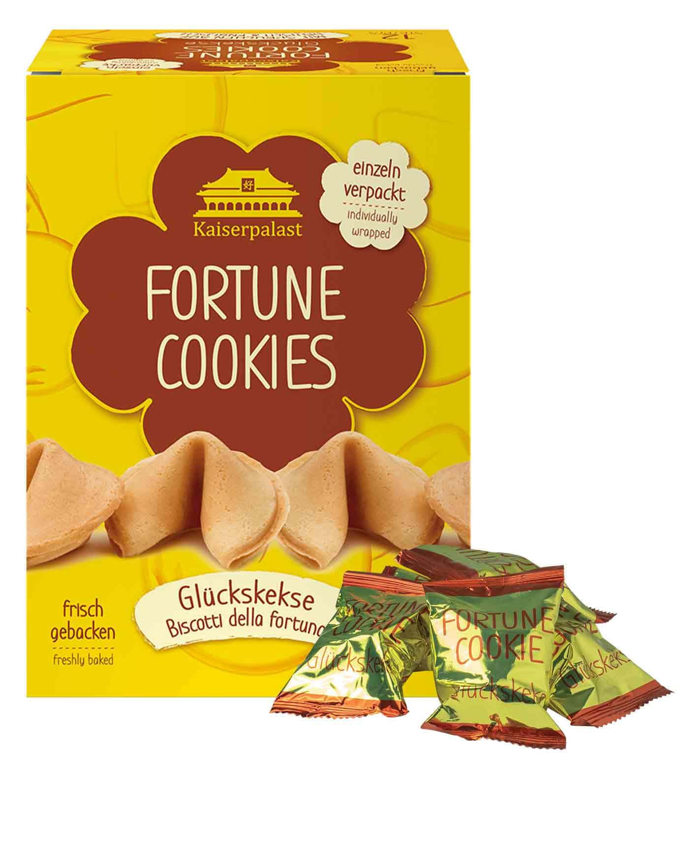 Kaiserpalast Glückskekse, knuspriges Süßgebäck als Snack oder Geschenk, einzeln verpackt in roter Folie, mit deutschem und englischem Spruch, vegan, halal, 12 Stück à 6 g (1 x 72 g) Süße 72 g (1er Pack) Angebot bei HelloDeals
