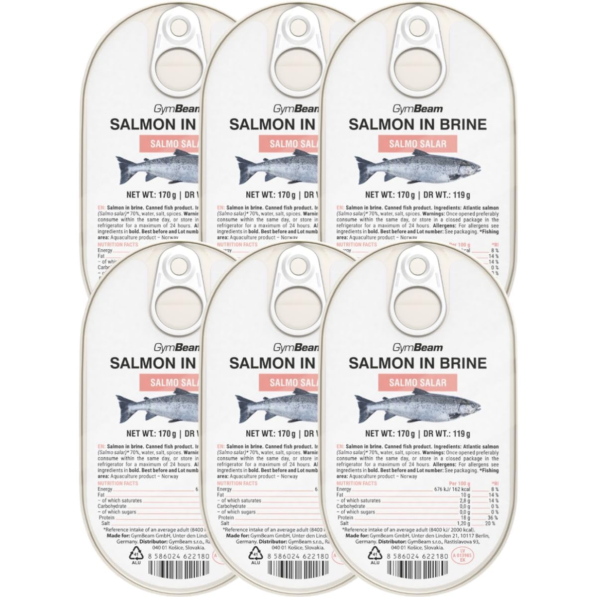 GymBeam Lachs in Salzlake - Verzehrfertiges atlantisches Lachsfilets, reich an Geschmack & Nährstoffen, aus Norwegen, glutenfrei, laktosefrei, GVO-frei (170 g (6er pack)) Angebot bei HelloDeals