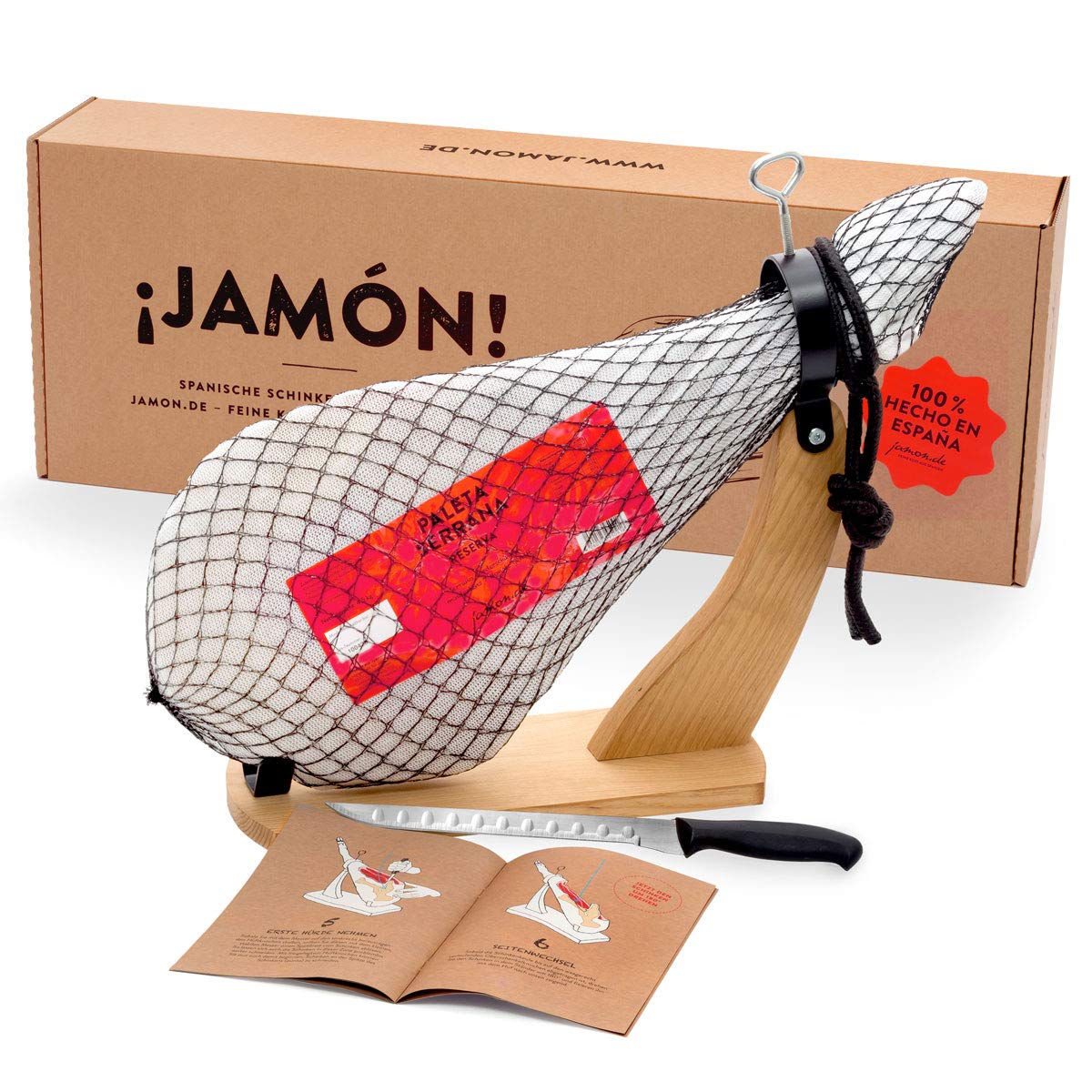 Jamon-Box Nr. 1 von jamon.de - Serrano Schinken 4,5 Kg im Geschenkkarton mit Zubehör | Schinken-Set inklusive Schinkenständer, Messer & Schneide-Anleitung | ideal als Geschenk Angebot bei HelloDeals