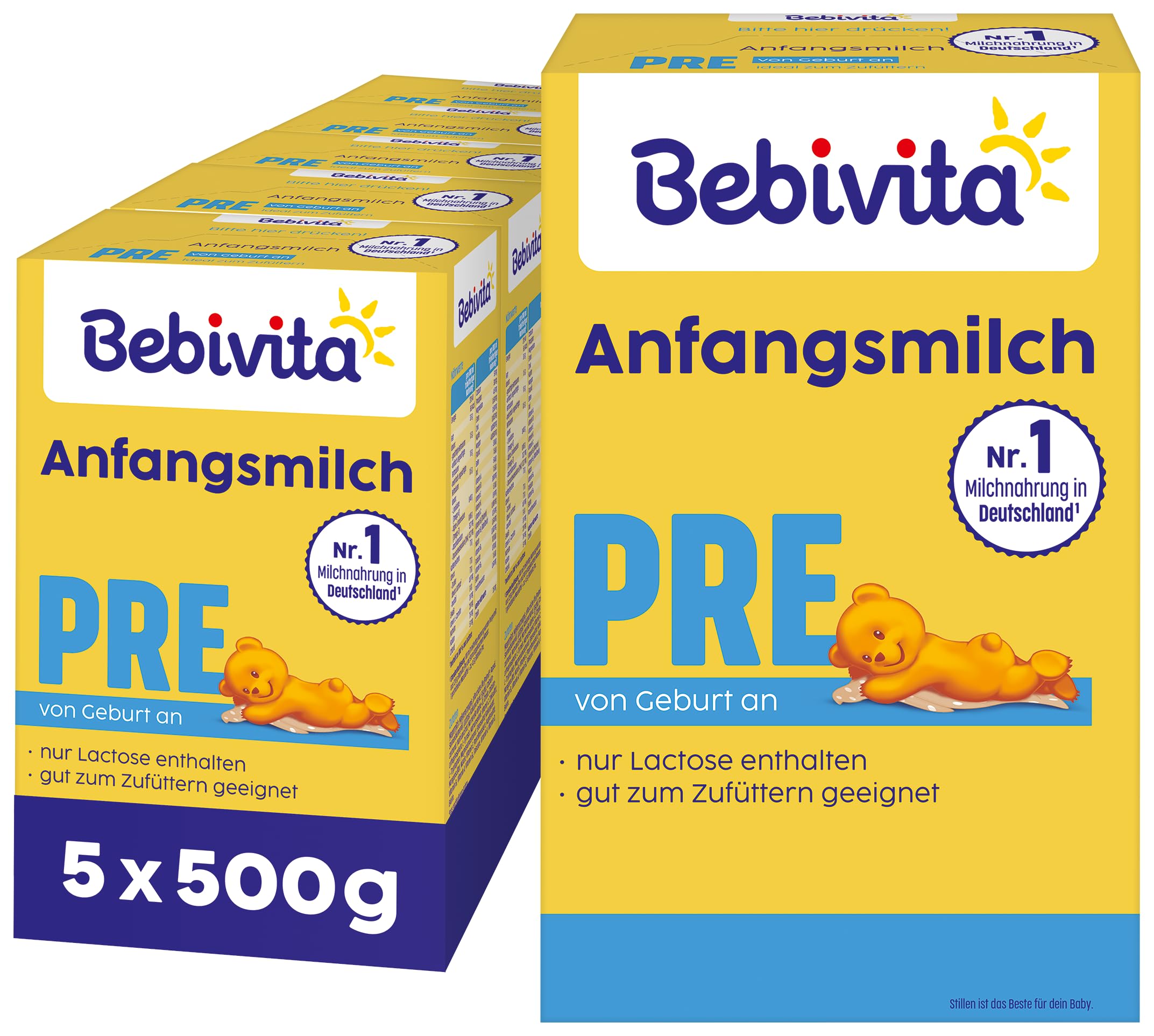 Bebivita PRE Anfangsmilch (5 x 500g), von Geburt an, enthält nur Lactose als Kohlenhydrat, gut zum Zufüttern 500 g (5er Pack) Angebot bei HelloDeals