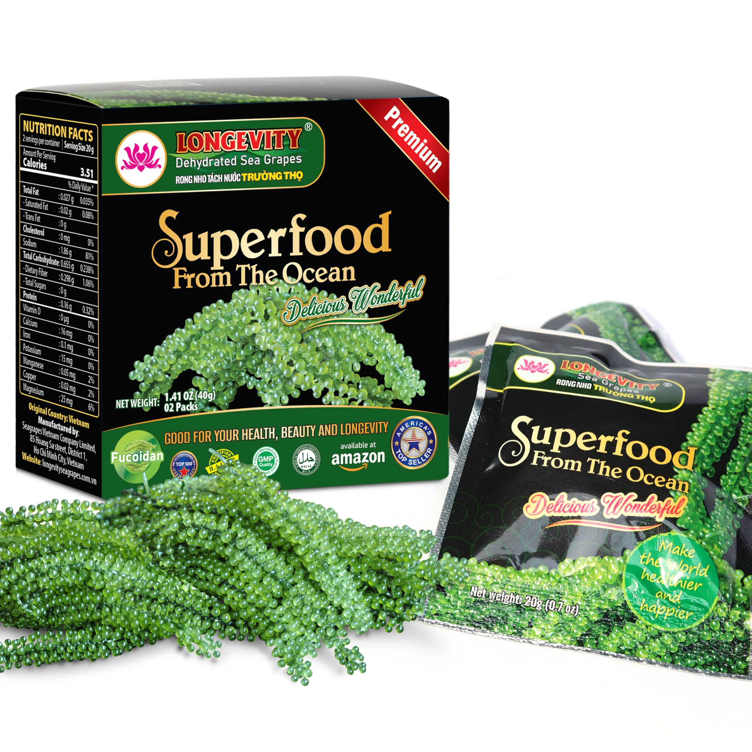 Longevity Seetrauben - Umibudo Grün Caviar - Dehydrierte, Gewichtsverlust, Stärkung des Immunsystems, Bewunderte Natur Geschenk vom Meer (Original), 1,4 Ounce (Pack of 2) Angebot bei HelloDeals